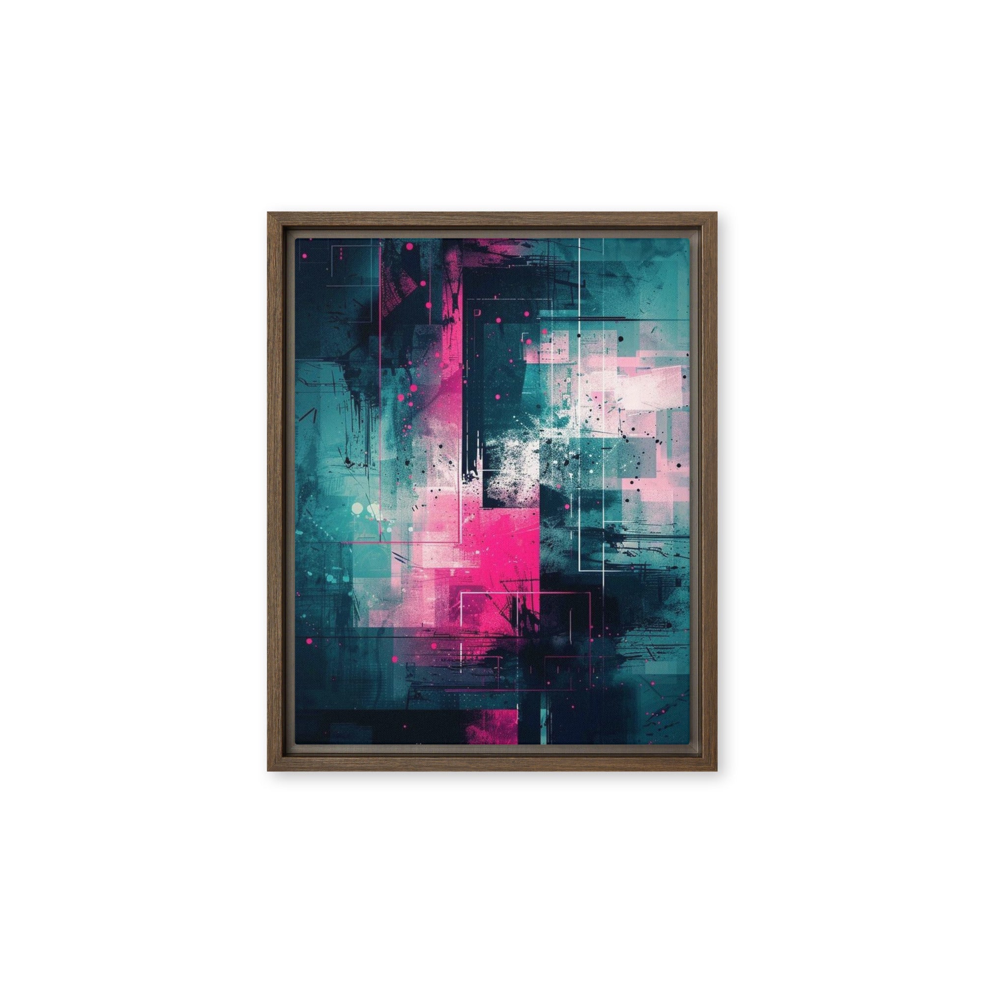 Neona framed canvas print with product details shown in black frame, 20 x 28 inch large size