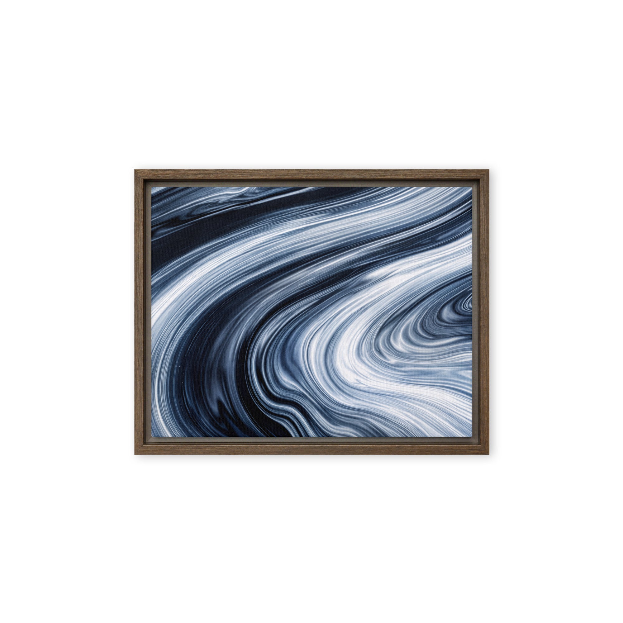 Vortex framed canvas print with product details shown in black frame, 16 x 20 inch universal size
