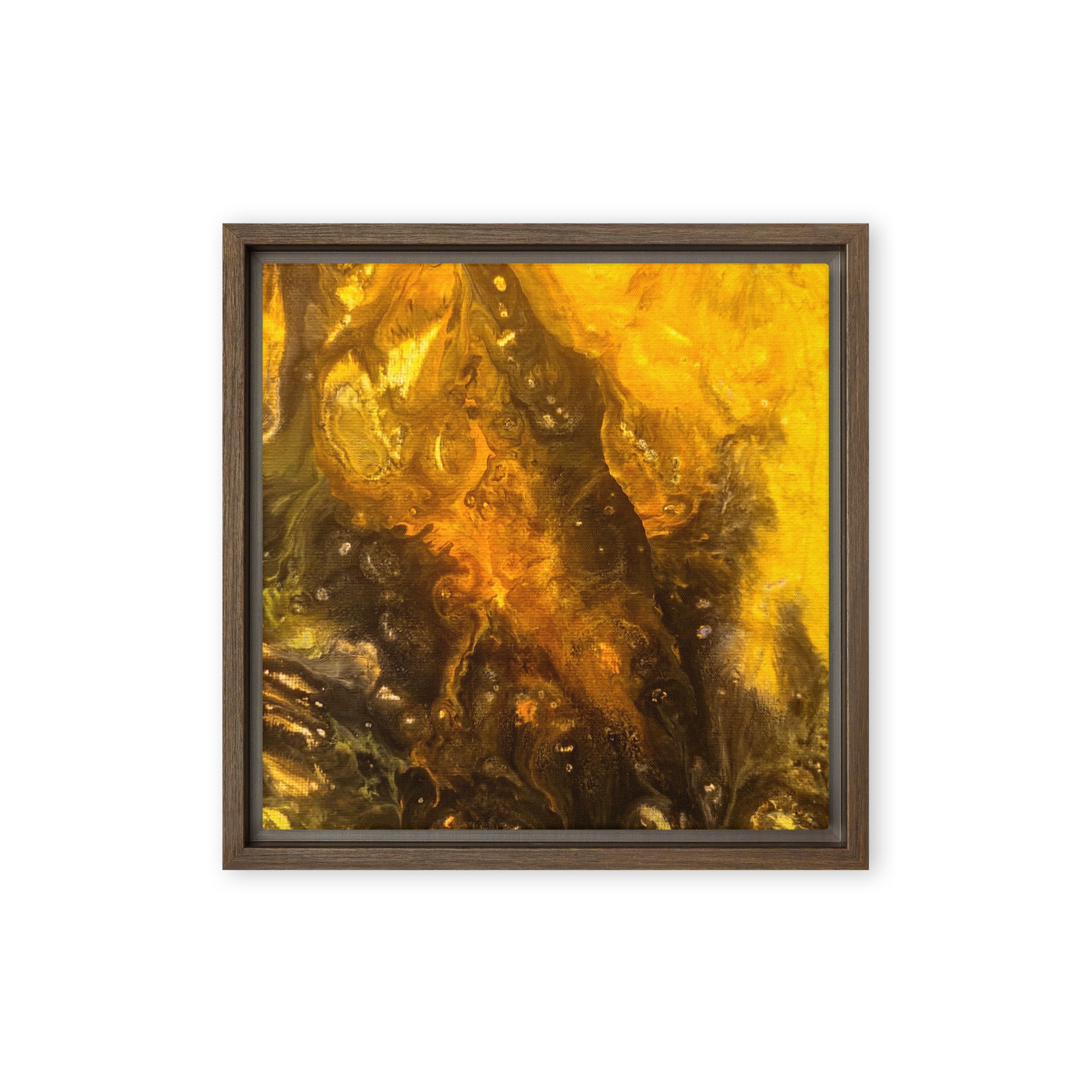 Flame framed canvas print shown in front view in black frame, 20 x 30 inch large size