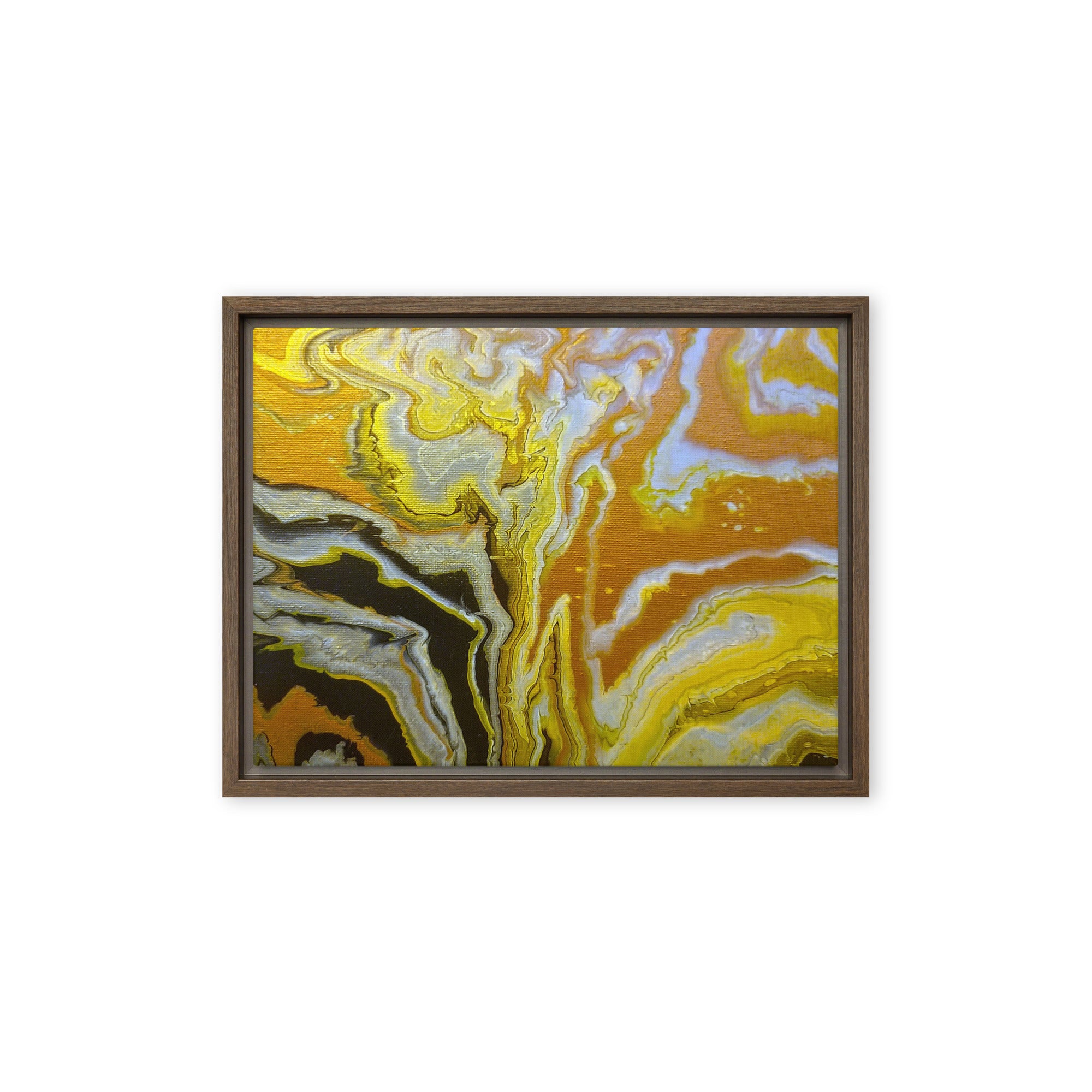 Golden Surge framed canvas print product mockup in brown frame, 9 x 12 inch universal size
