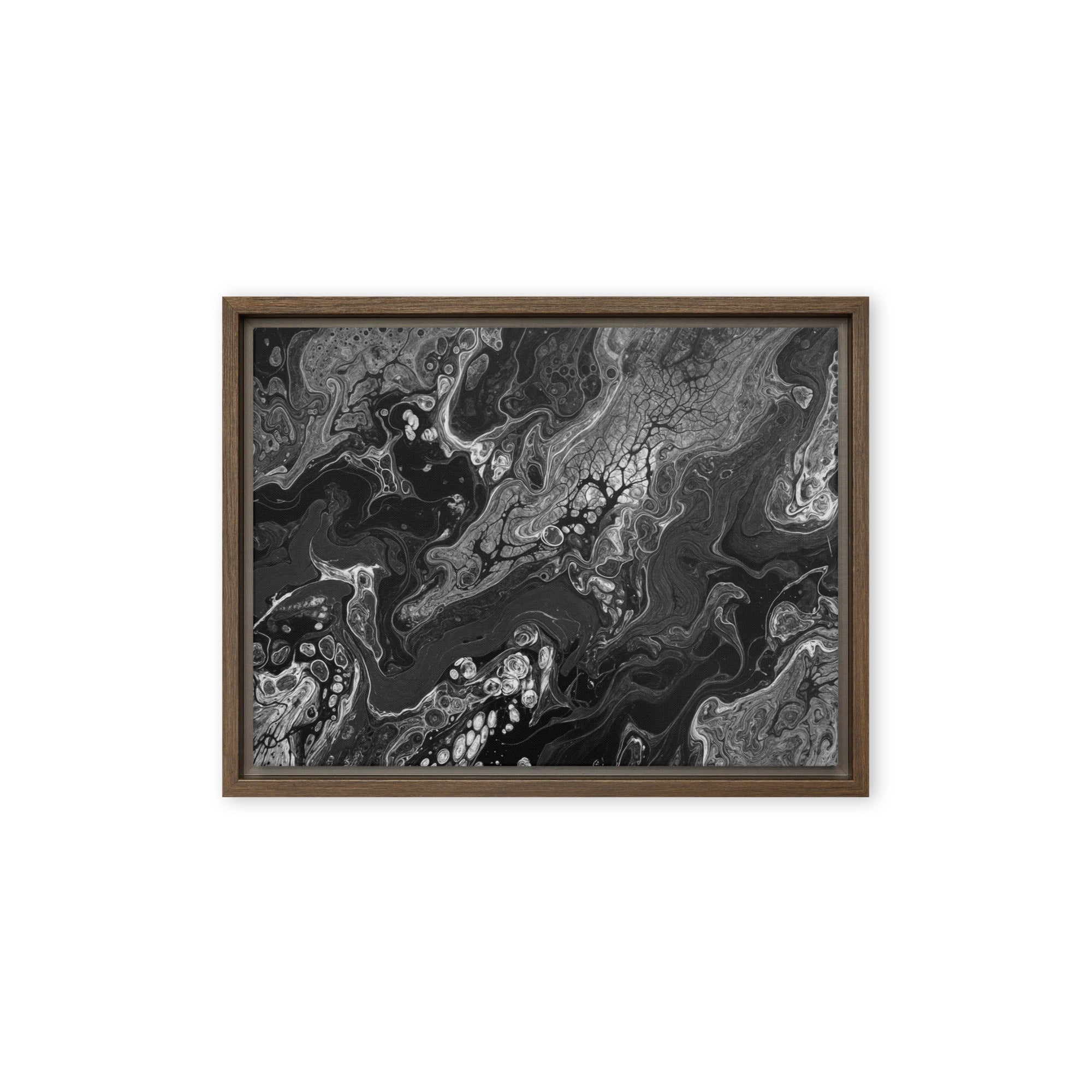 Dark Matter framed canvas print product mockup in brown frame, 9 x 12 inch universal size