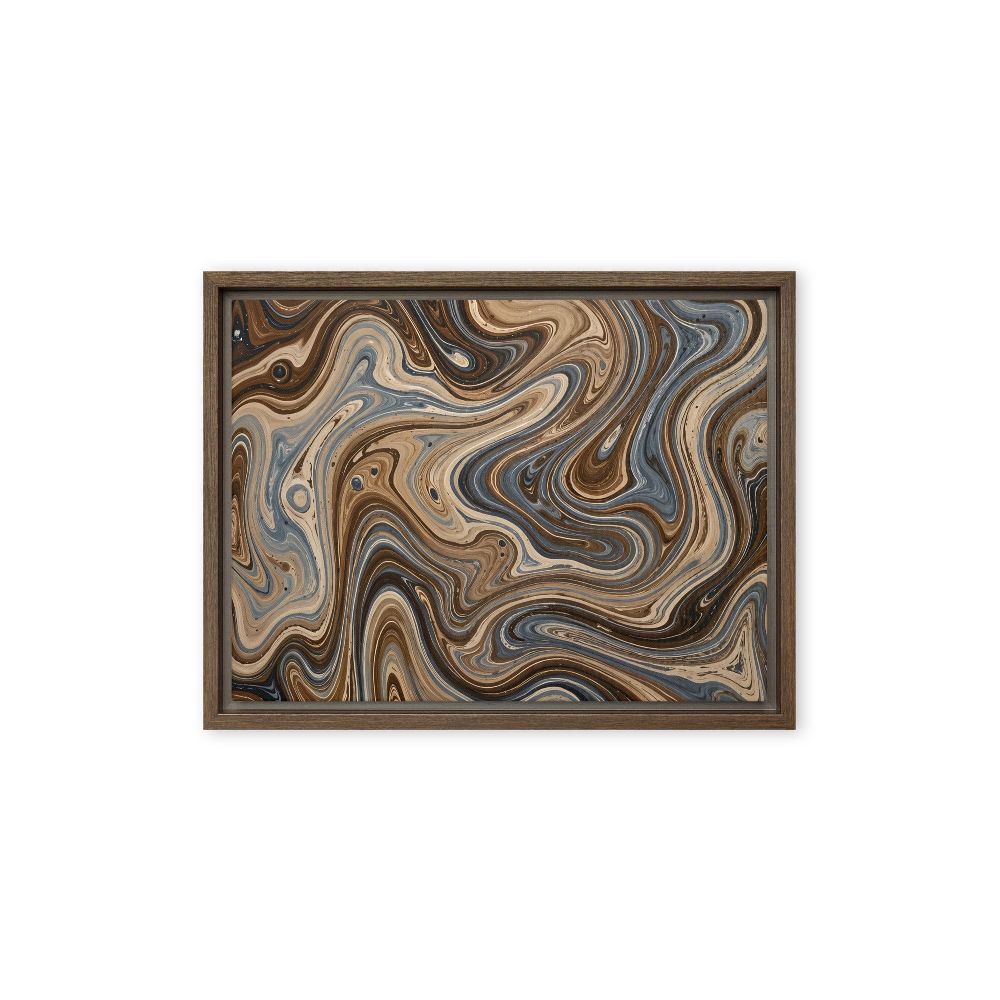 Café Mocha framed canvas print product mockup in brown frame, 9 x 12 inch universal size