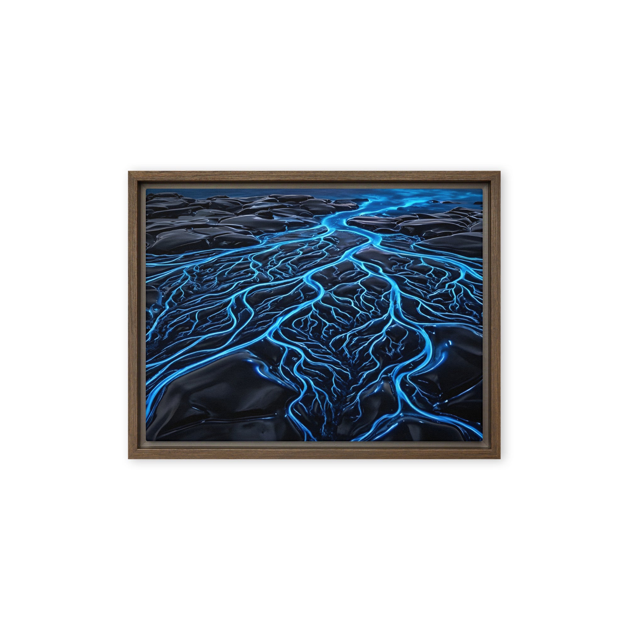 Caldera framed canvas print product mockup in brown frame, 9 x 12 inch universal size