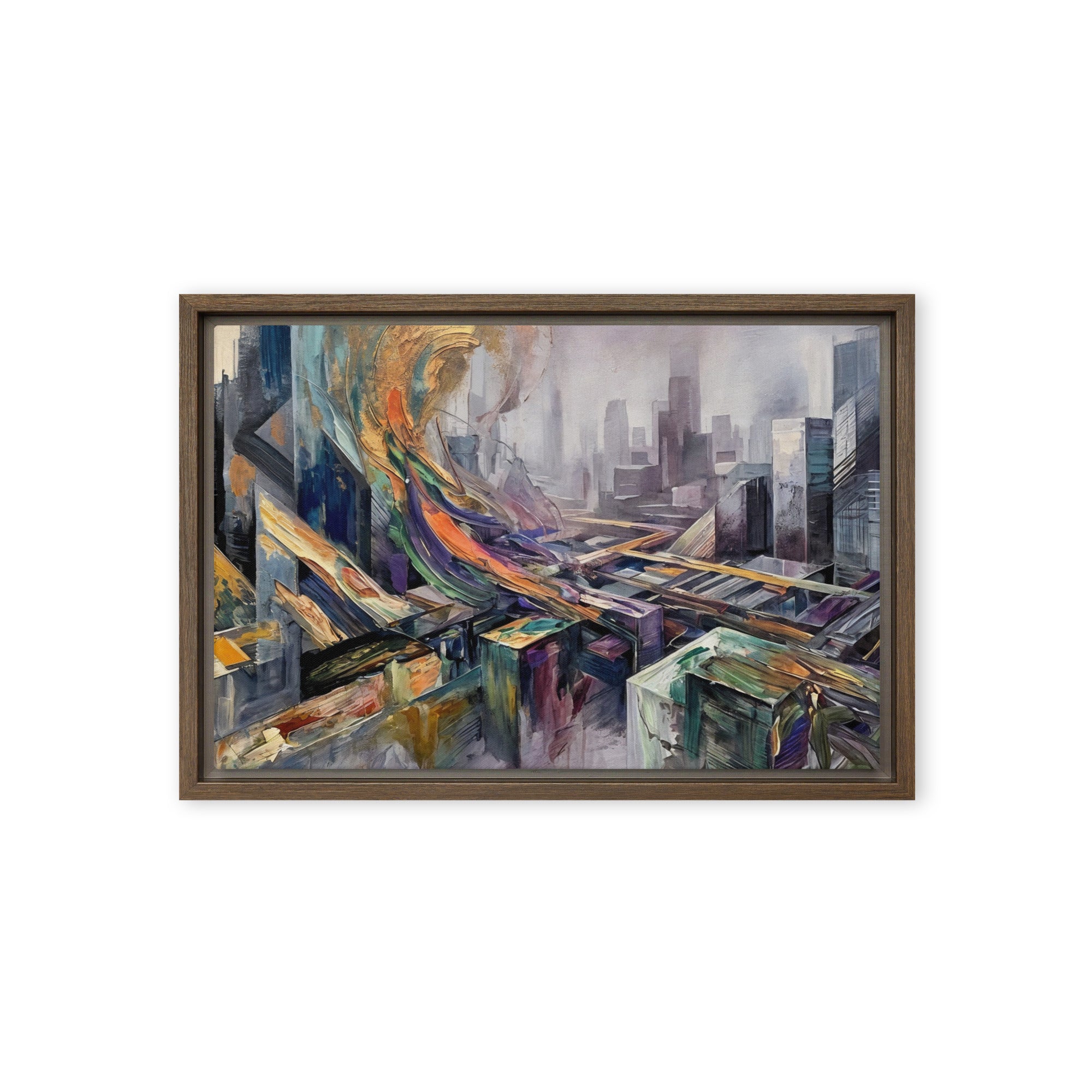 Attitude wall art product image as a framed canvas skyline in black frame, 20 x 28 inch large size