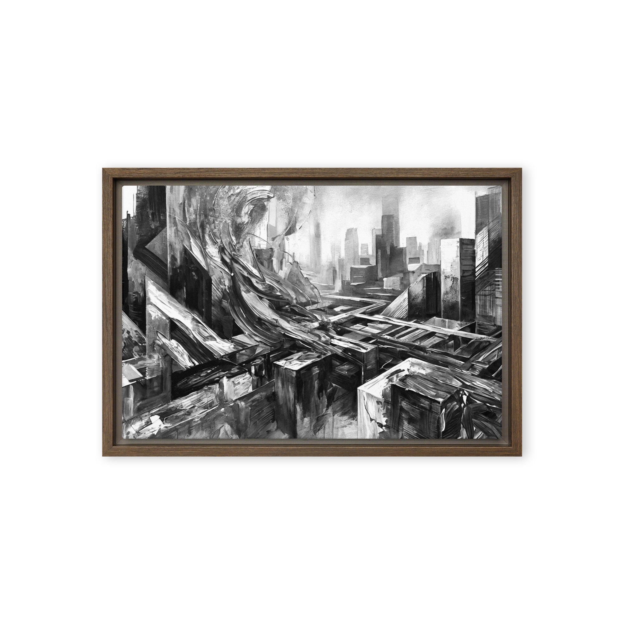 Attitudes framed canvas skyline wall art mb canvas product mockup in brown frame, 12 x 18 inch universal size