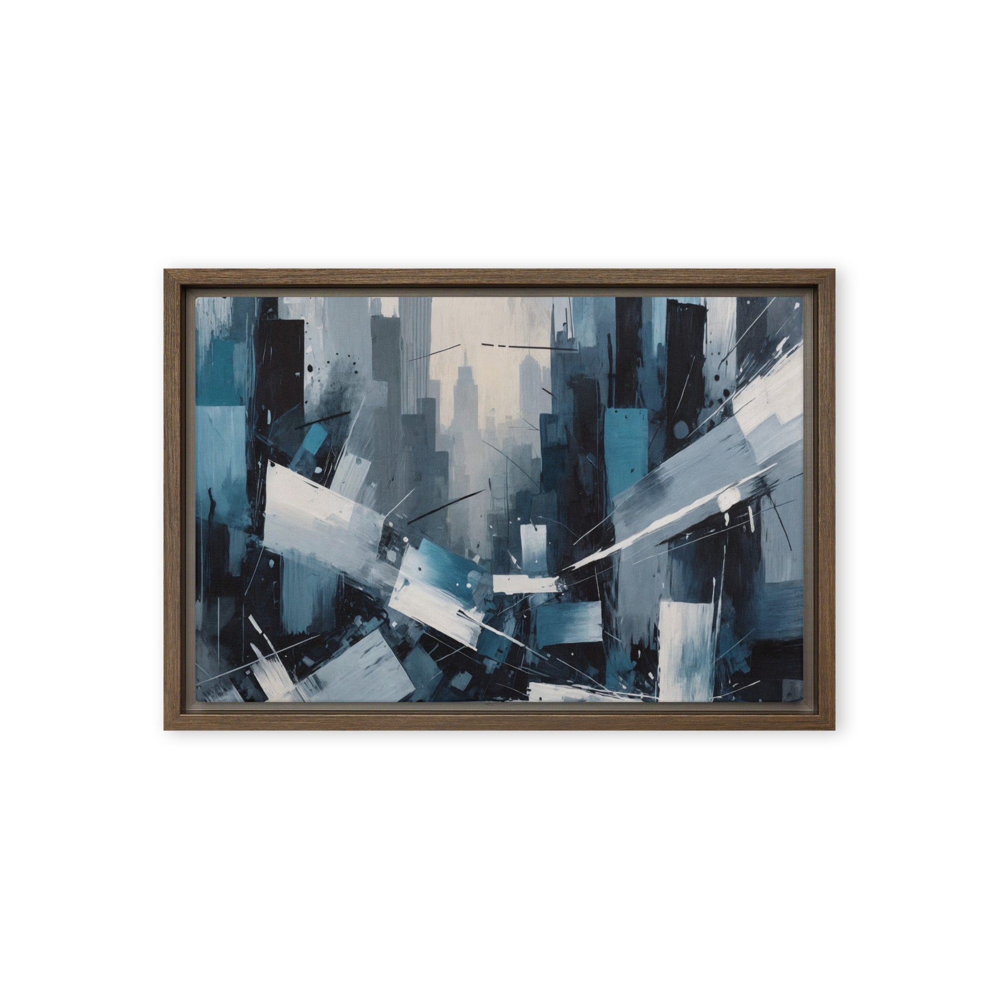 Zephyr framed canvas skyline, front view in black frame, 24 x 32 inch large size
