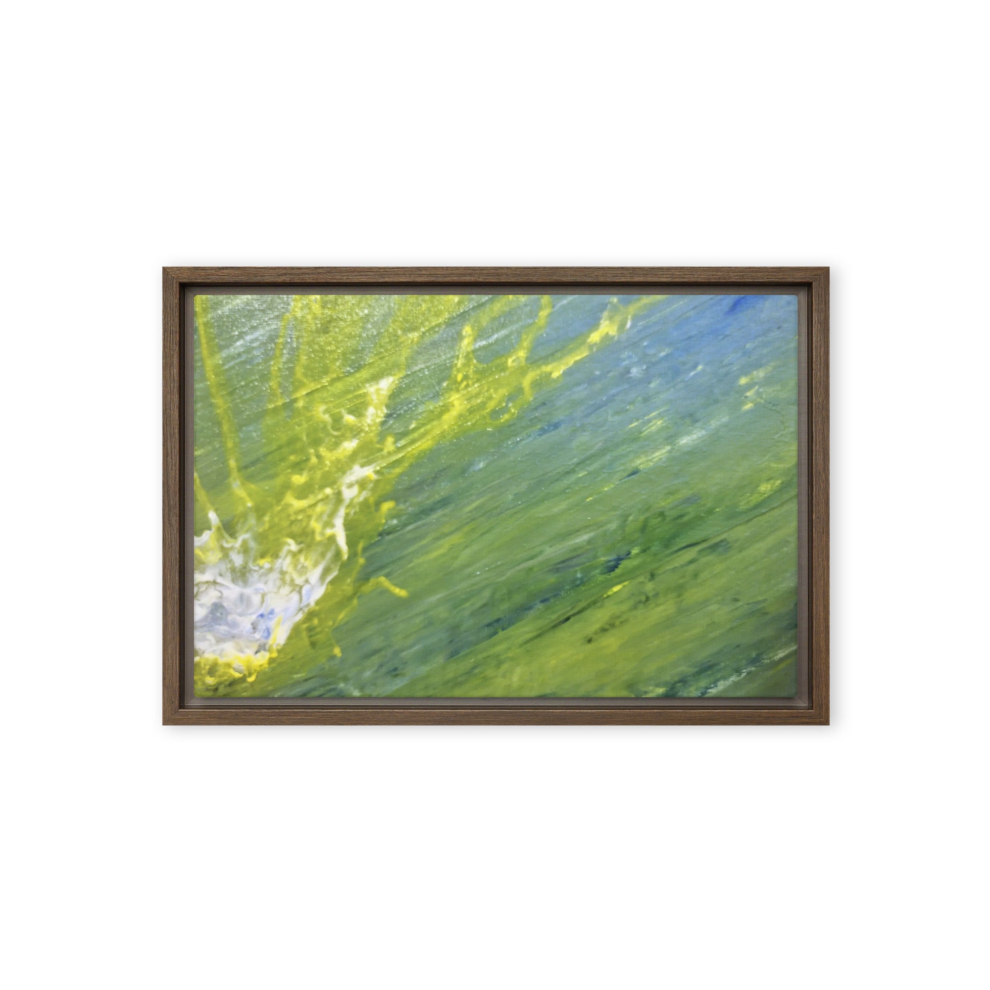 Charged Waters framed canvas print product mockup in black frame, 20 x 28 inch large size