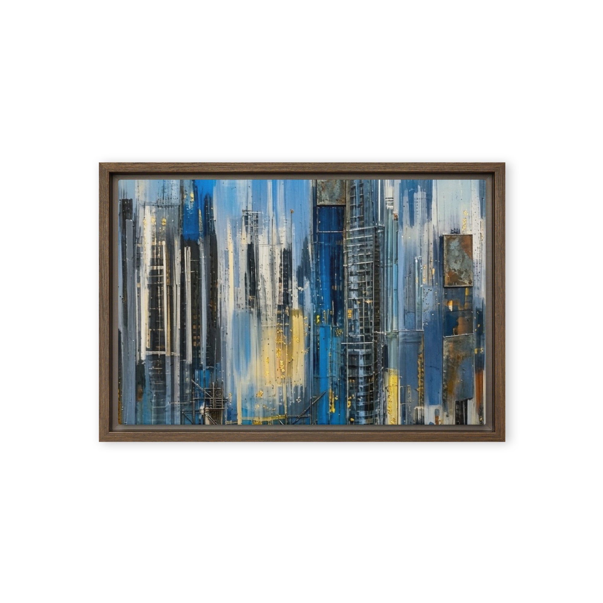 Facade framed canvas print with product details shown in black frame, 20 x 30 inch large size