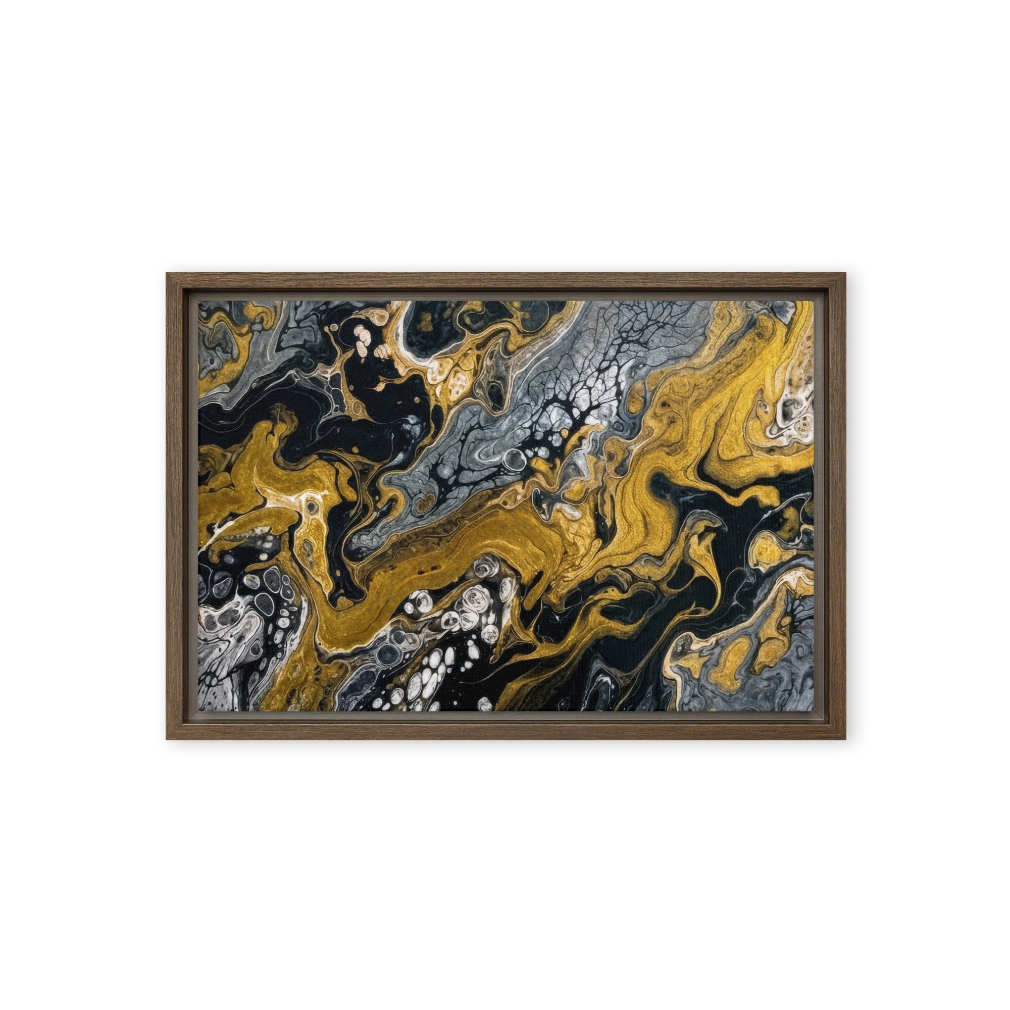Aurum framed canvas print product mockup in brown frame, 9 x 12 inch universal size