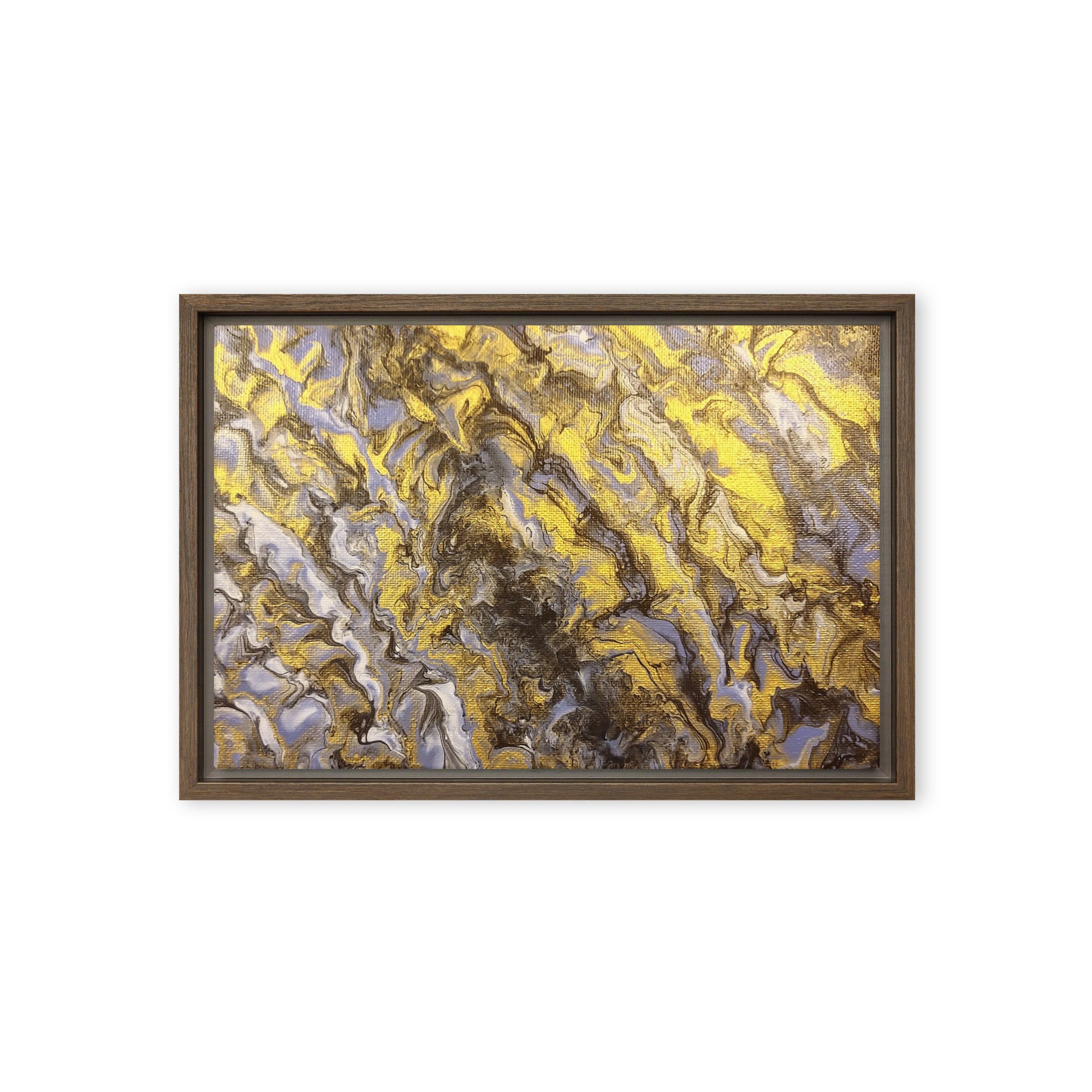 Gold Wave framed canvas print product mockup in brown frame, 12 x 12 inch universal size