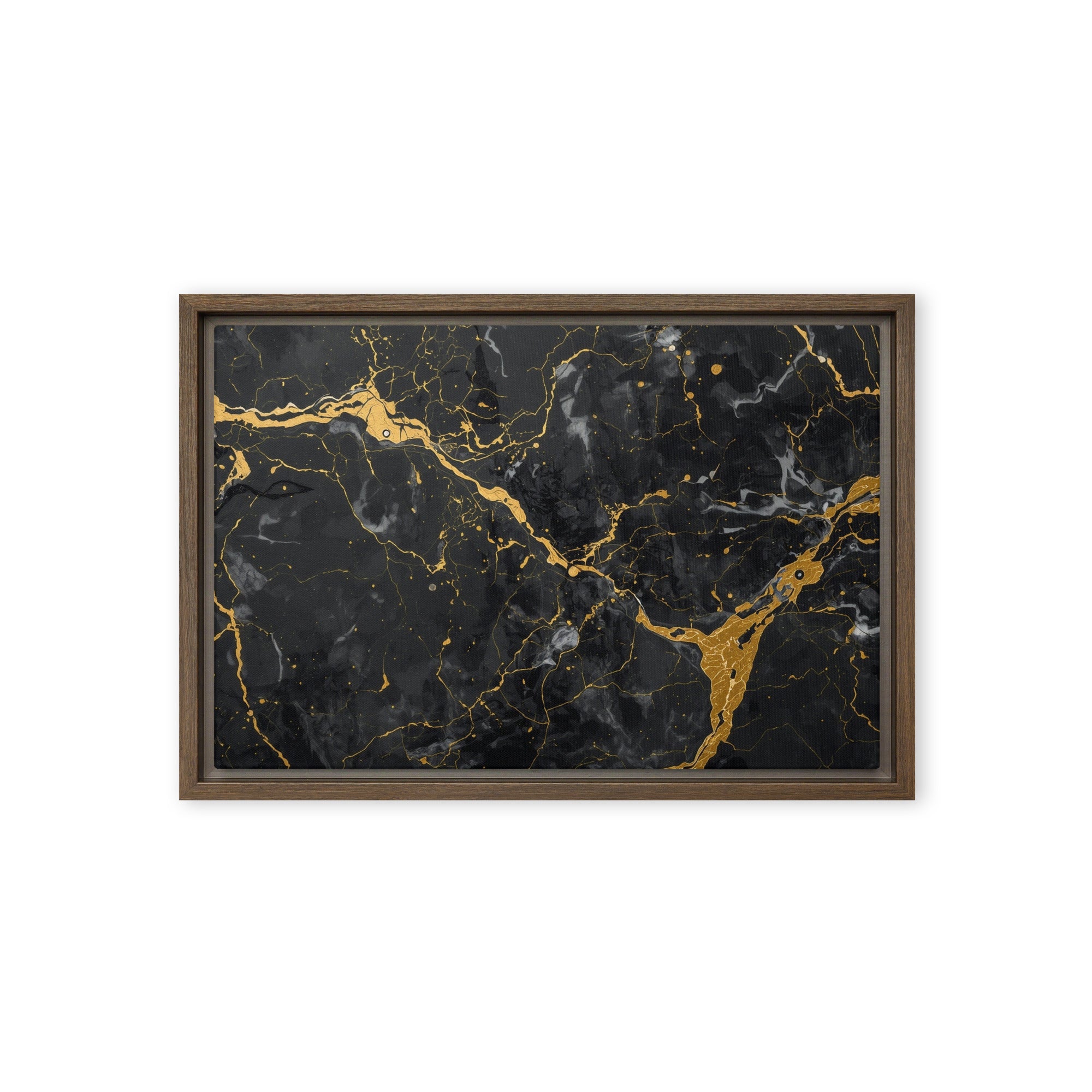 Midas framed canvas print with product details shown in brown frame, 12 x 16 inch universal size