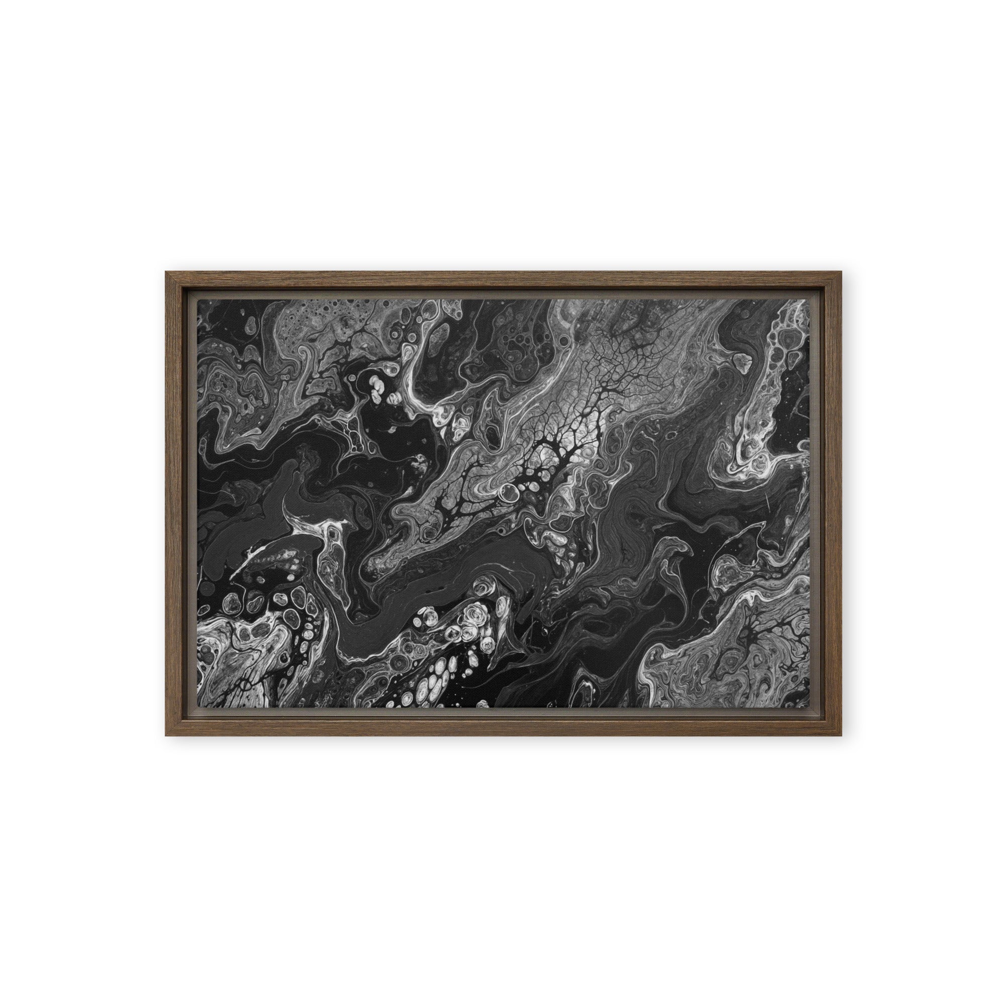 Dark Matter framed canvas print with product details shown in brown frame, 12 x 16 inch universal size
