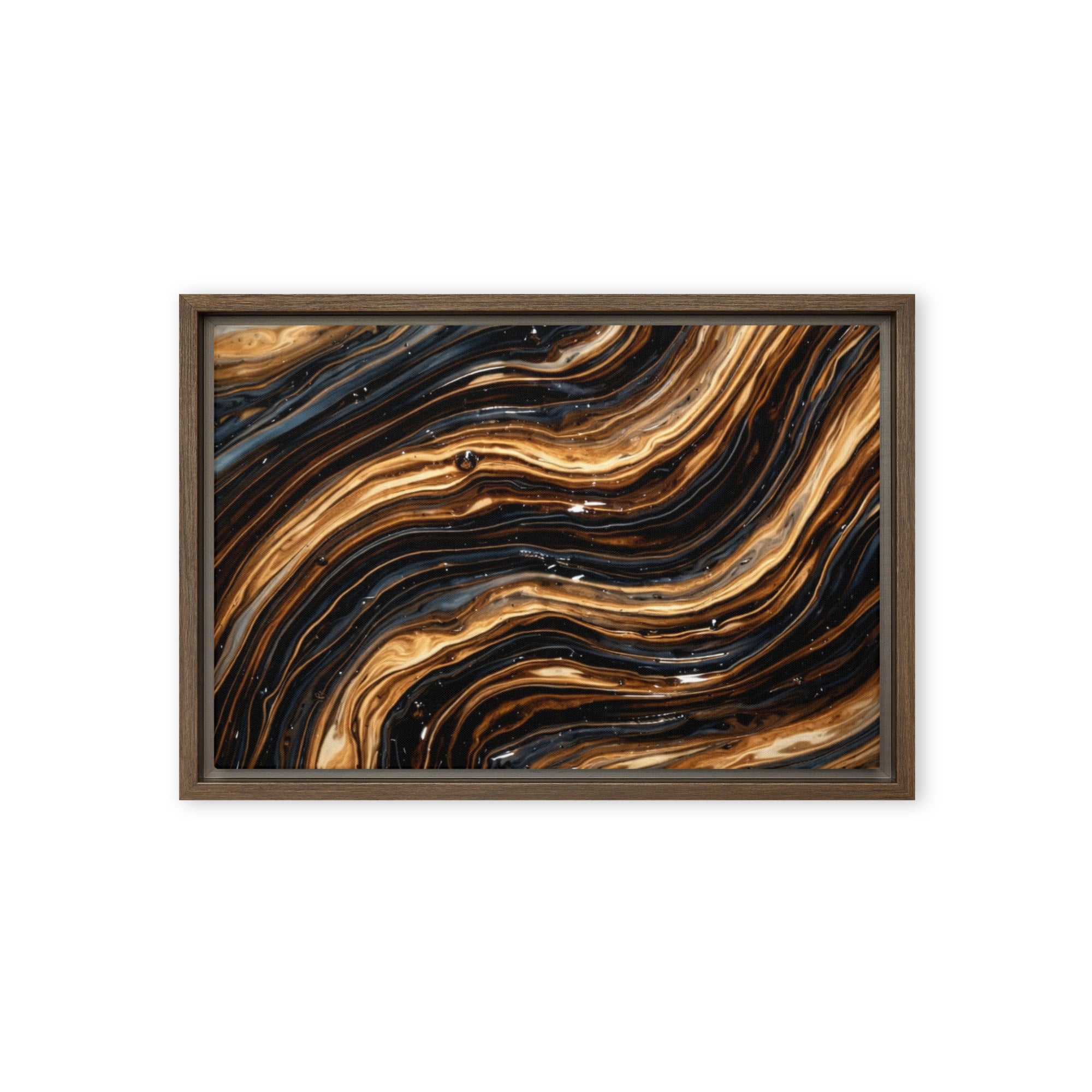 Amber framed canvas print with product details shown in brown frame, 12 x 16 inch universal size