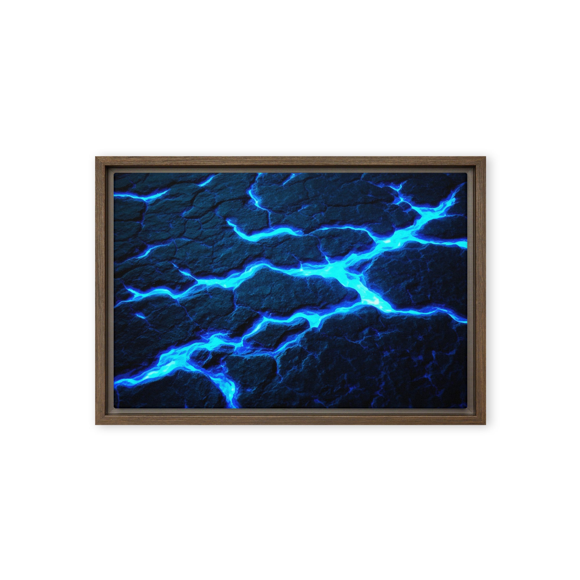 Dacite framed canvas print with product details shown in brown frame, 12 x 16 inch universal size