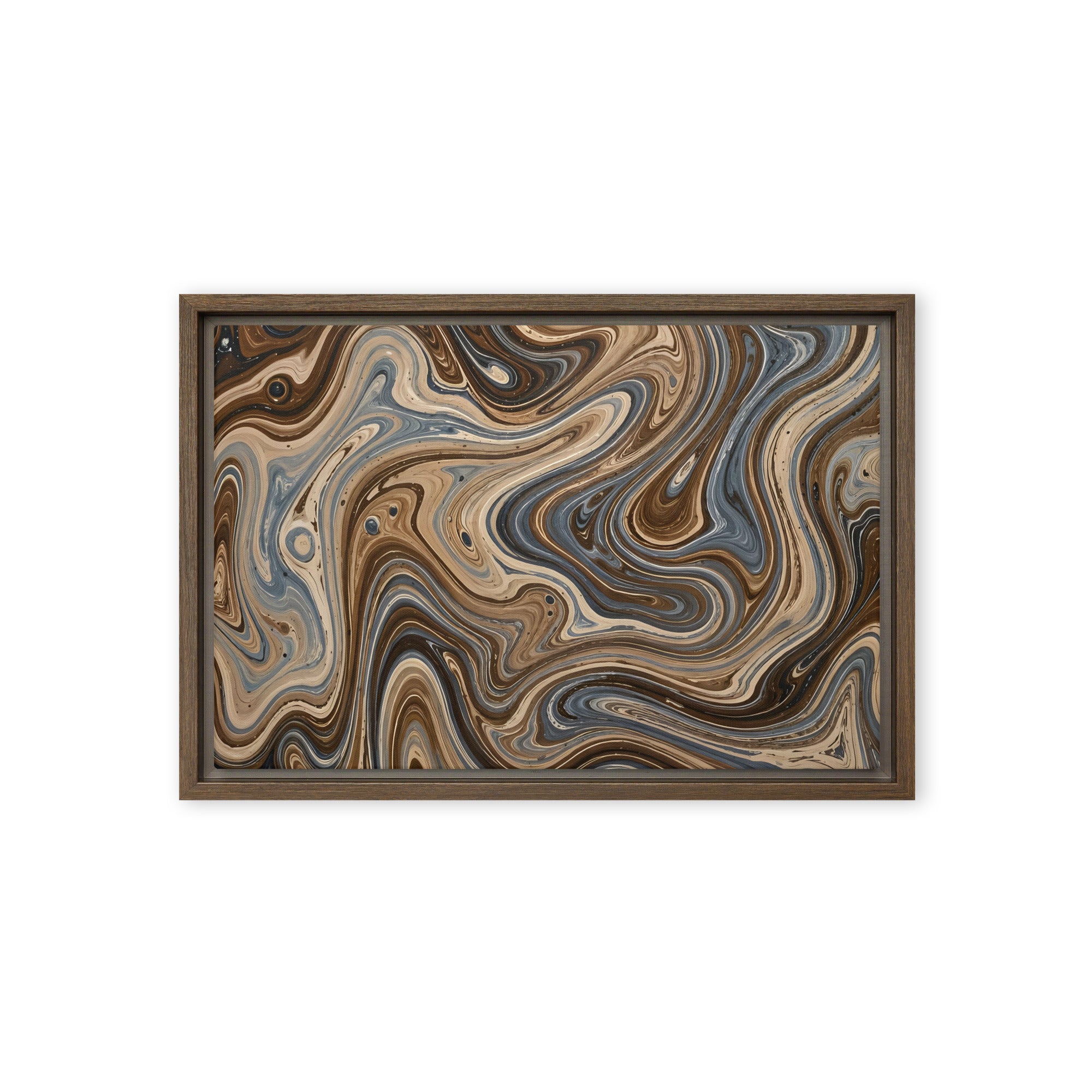 Café Mocha framed canvas print with product details shown in brown frame, 12 x 16 inch universal size