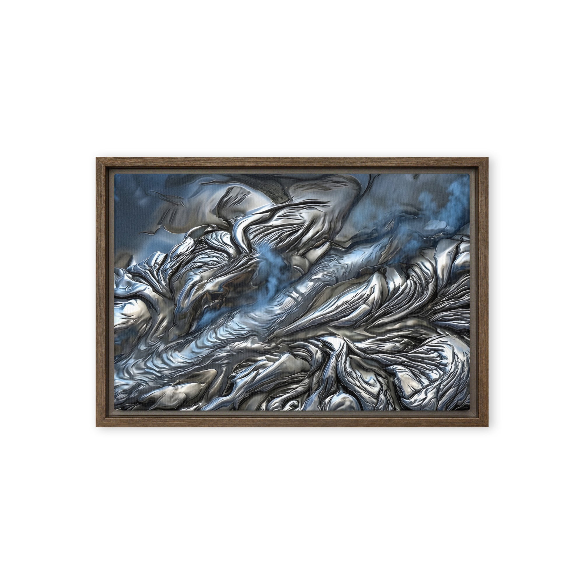 Andesite framed canvas print with product details shown in brown frame, 12 x 16 inch universal size