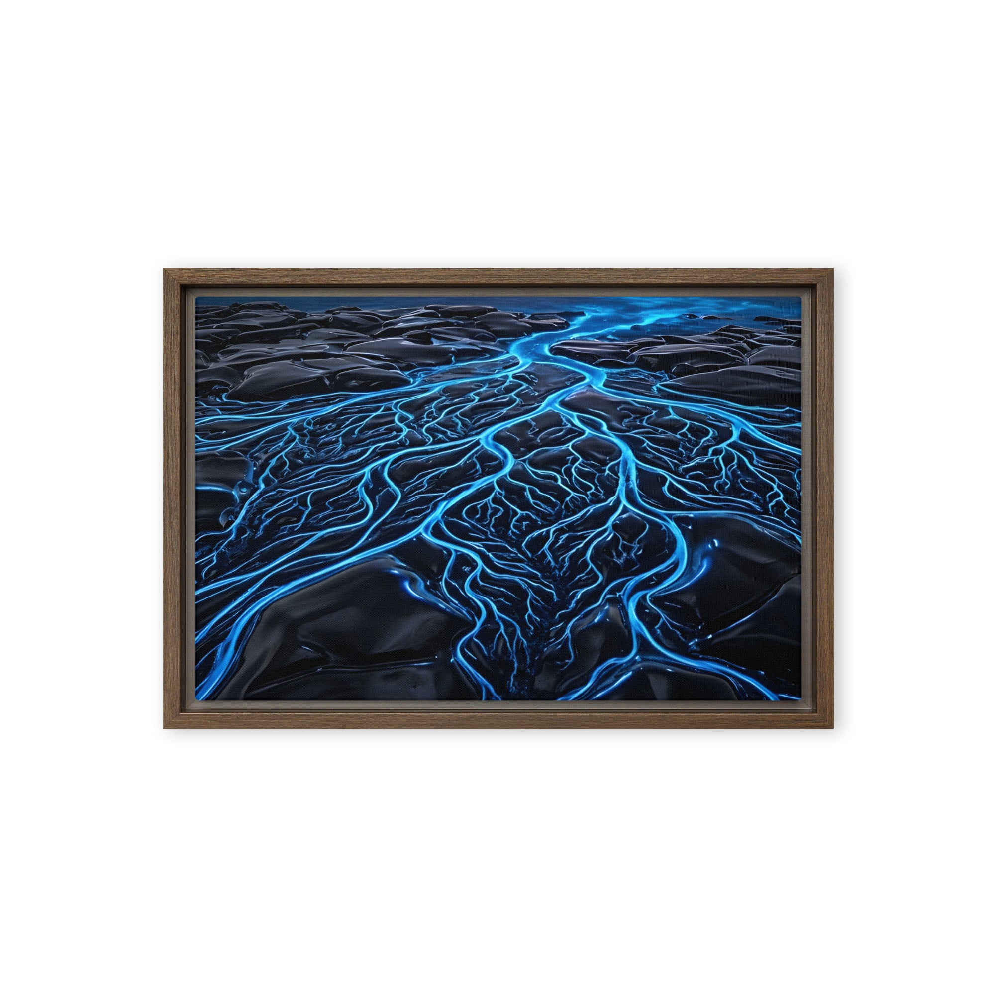 Caldera framed canvas print with product details shown in brown frame, 12 x 16 inch universal size