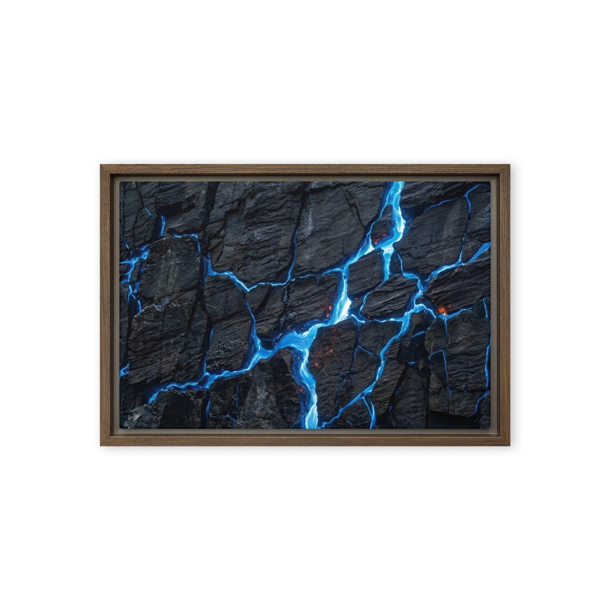 Effusions framed canvas print with product details shown in brown frame, 12 x 16 inch universal size