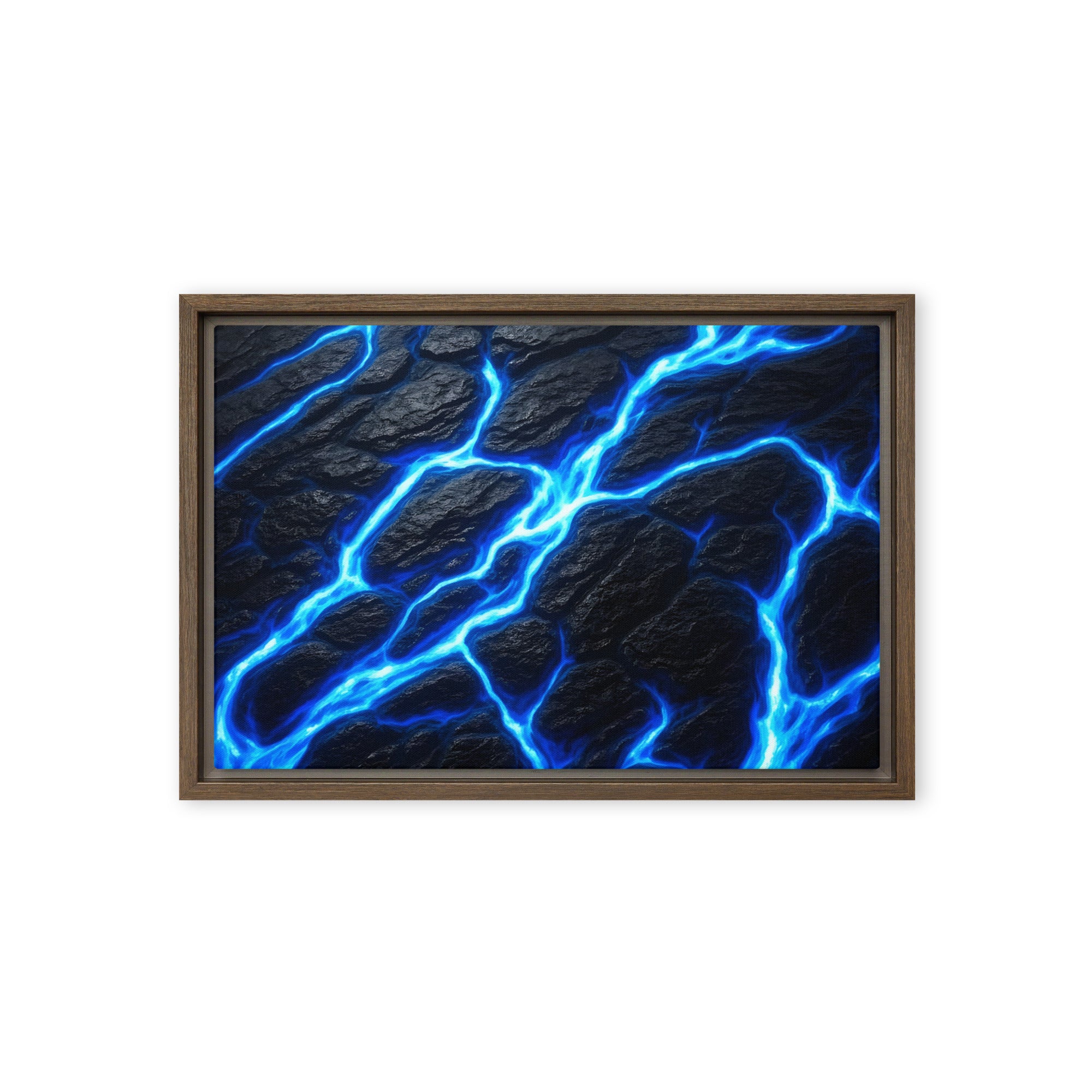 Fissure framed canvas print with product details shown in brown frame, 12 x 16 inch universal size