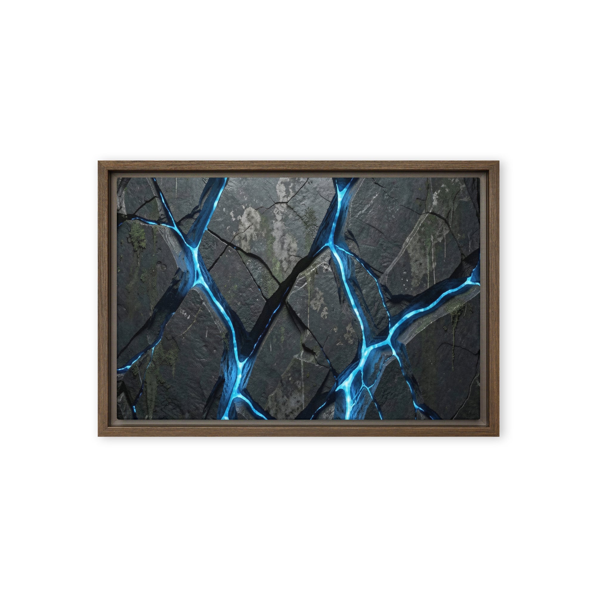 Igneous framed canvas print with product details shown in brown frame, 12 x 16 inch universal size