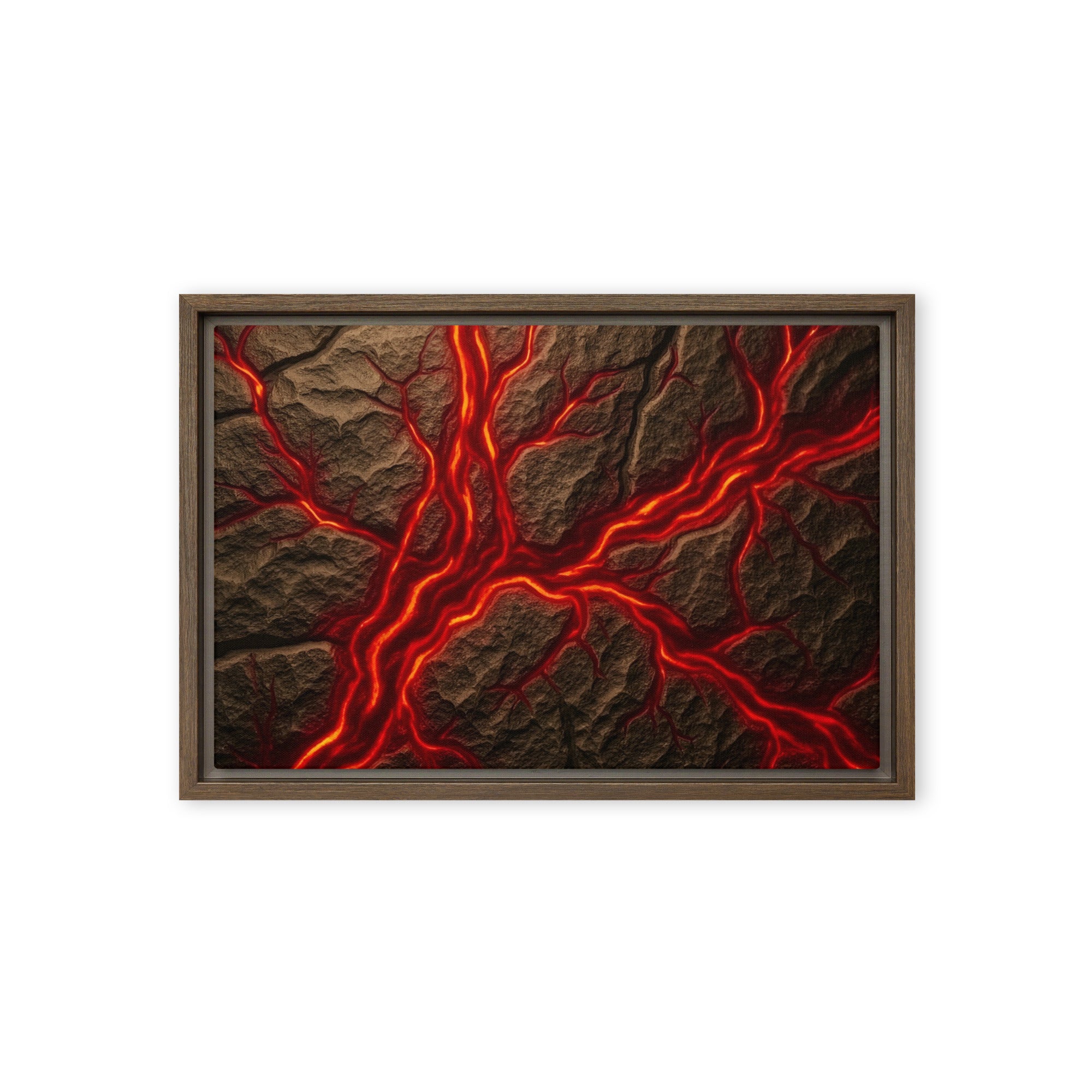 Magma framed canvas print with product details shown in brown frame, 12 x 16 inch universal size