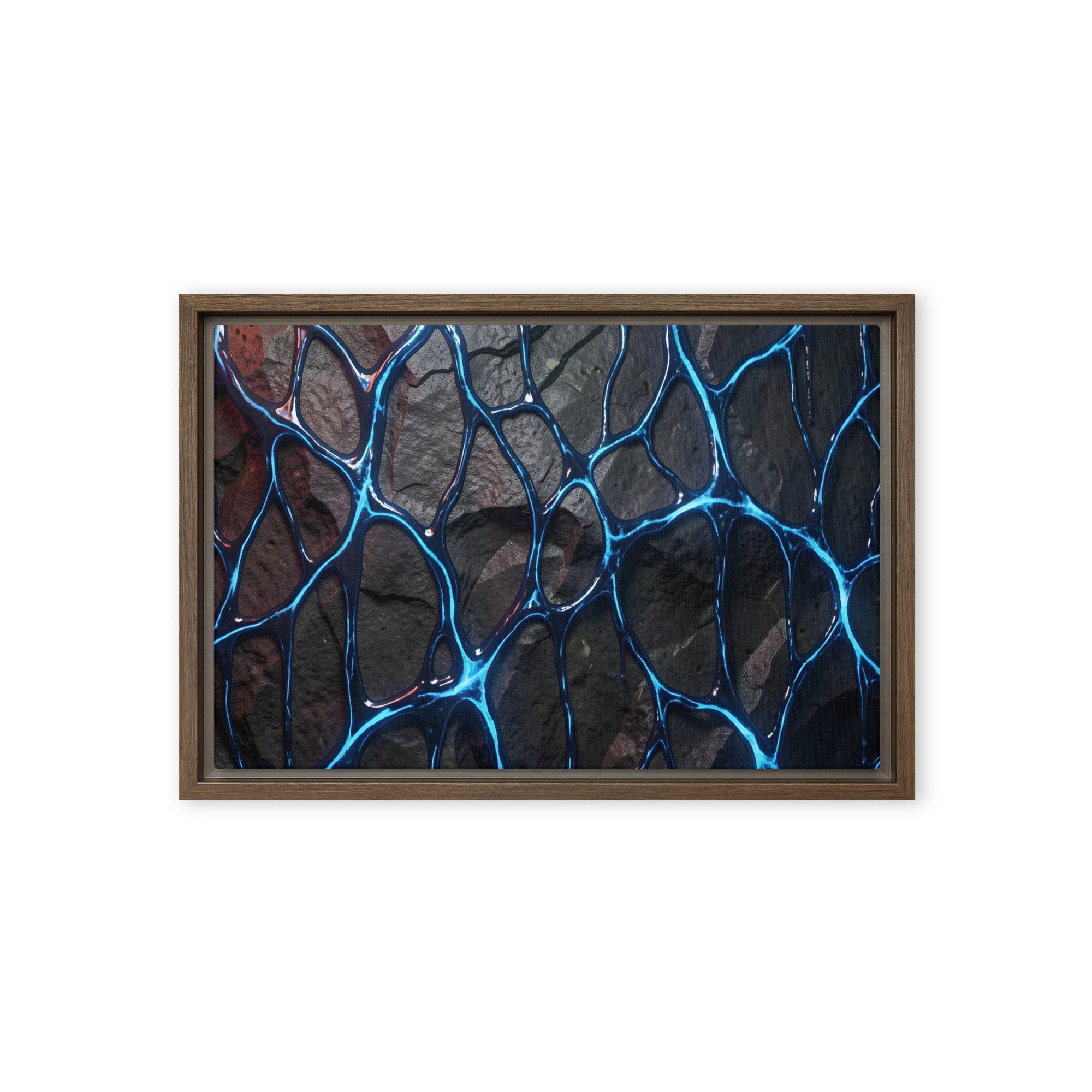 Magmatic framed canvas print with product details shown in brown frame, 12 x 16 inch universal size