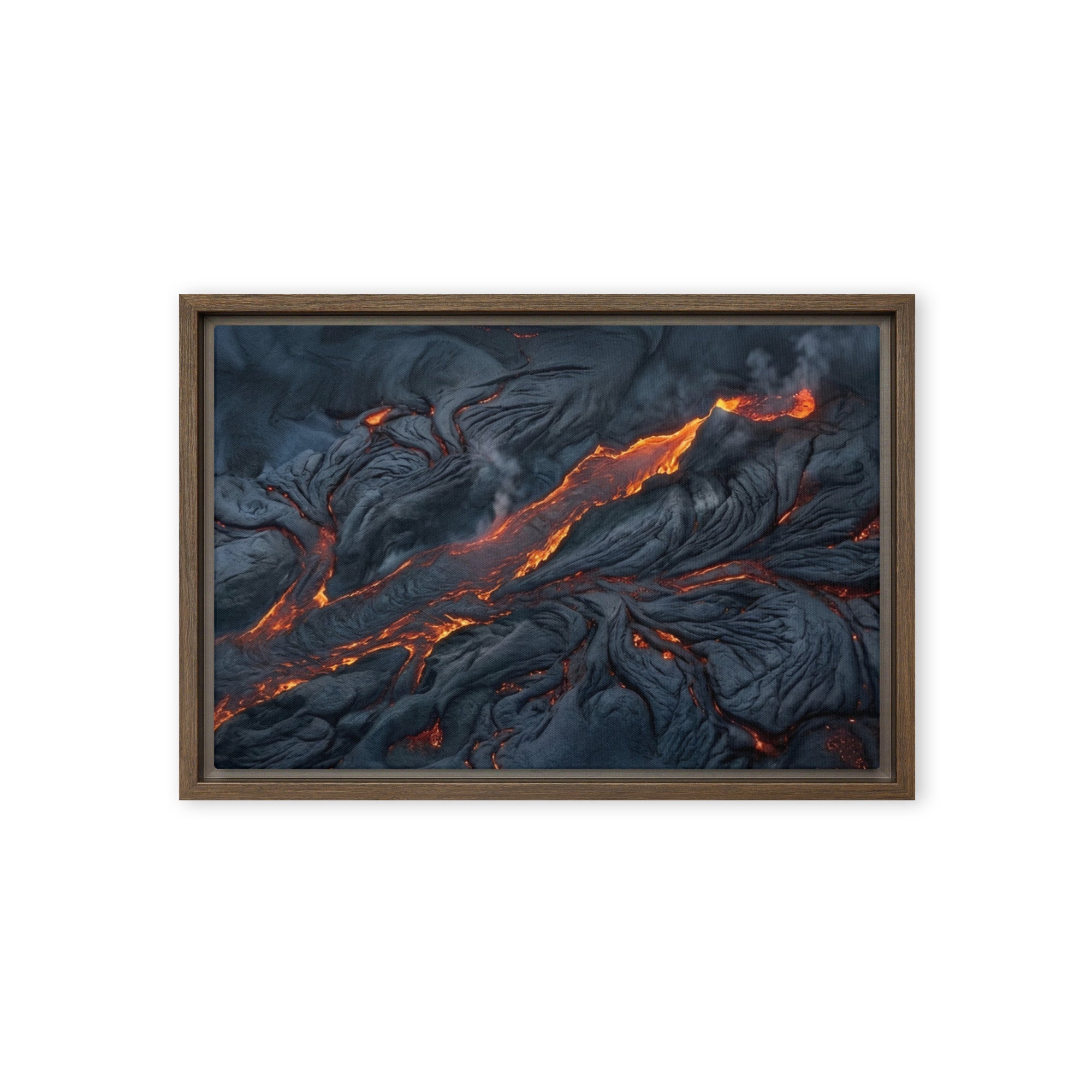 Molten framed canvas print with product details shown in brown frame, 12 x 16 inch universal size
