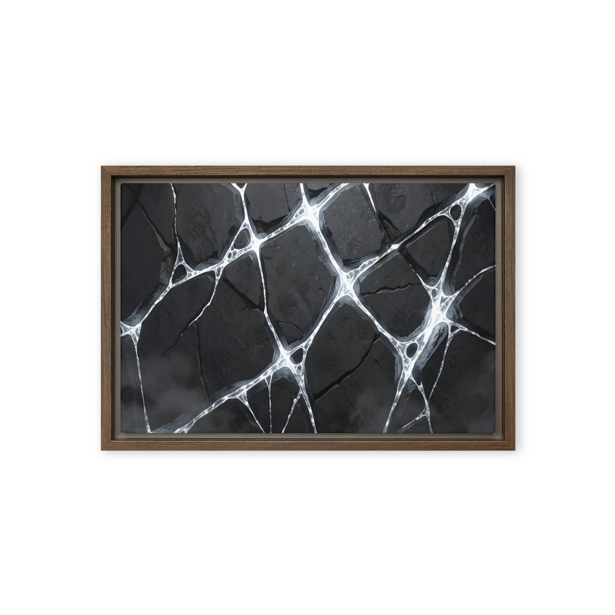 Pumice framed canvas print with product details shown in brown frame, 12 x 16 inch universal size