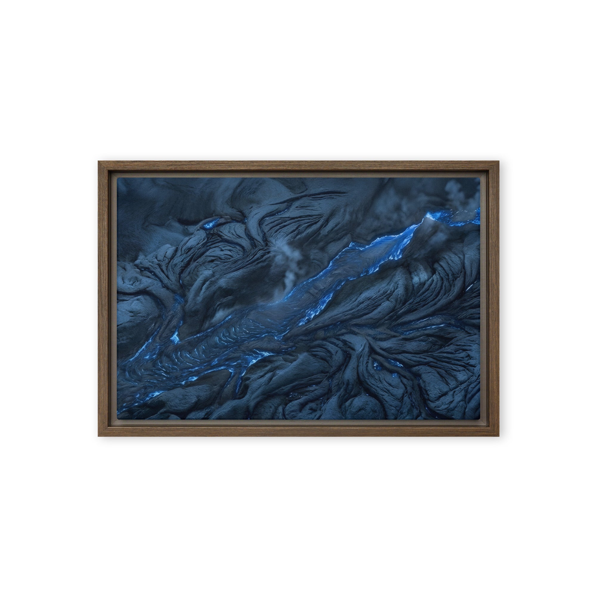 Vent framed canvas print with product details shown in brown frame, 12 x 16 inch universal size
