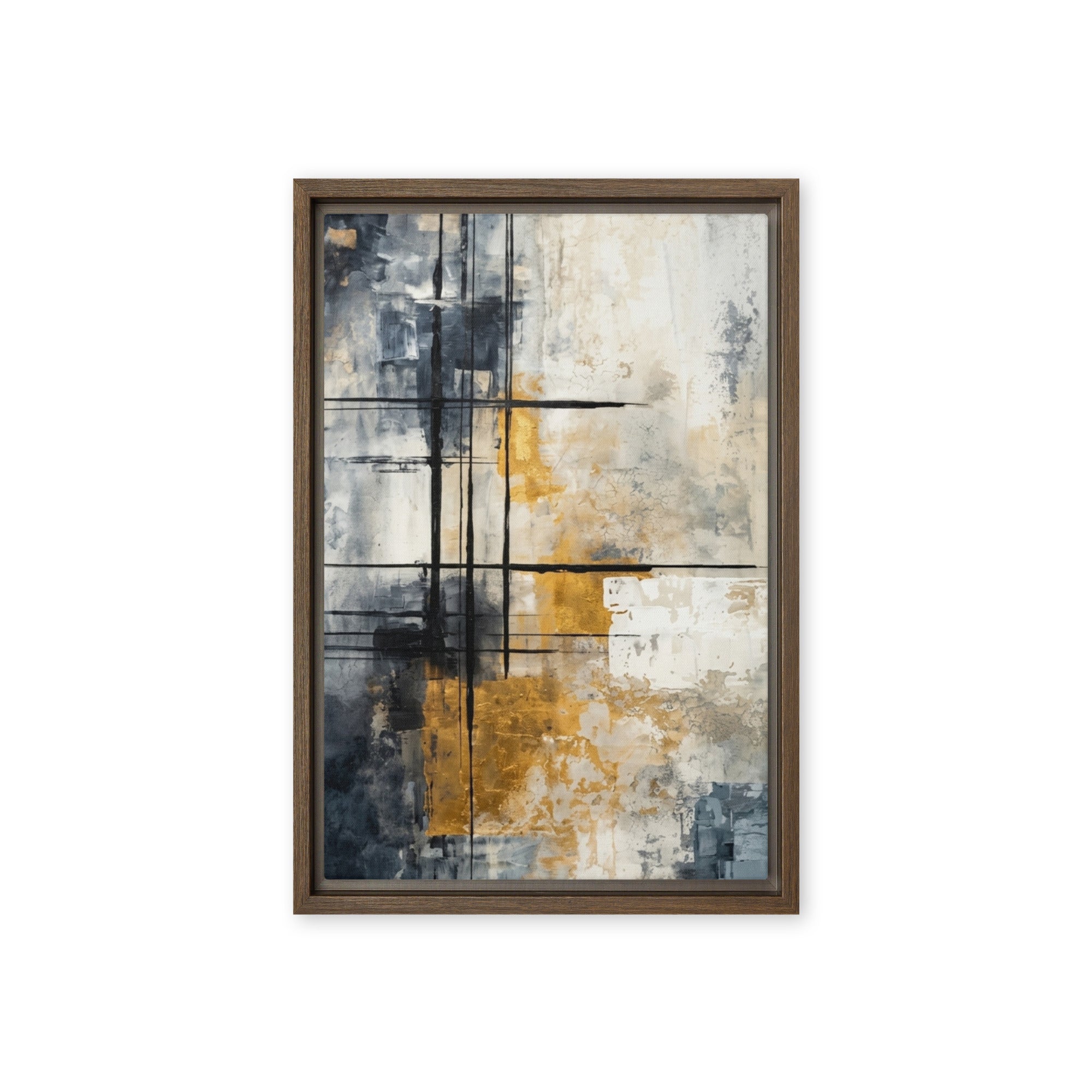 Elitist framed canvas print with product details shown in brown frame, 12 x 16 inch universal size