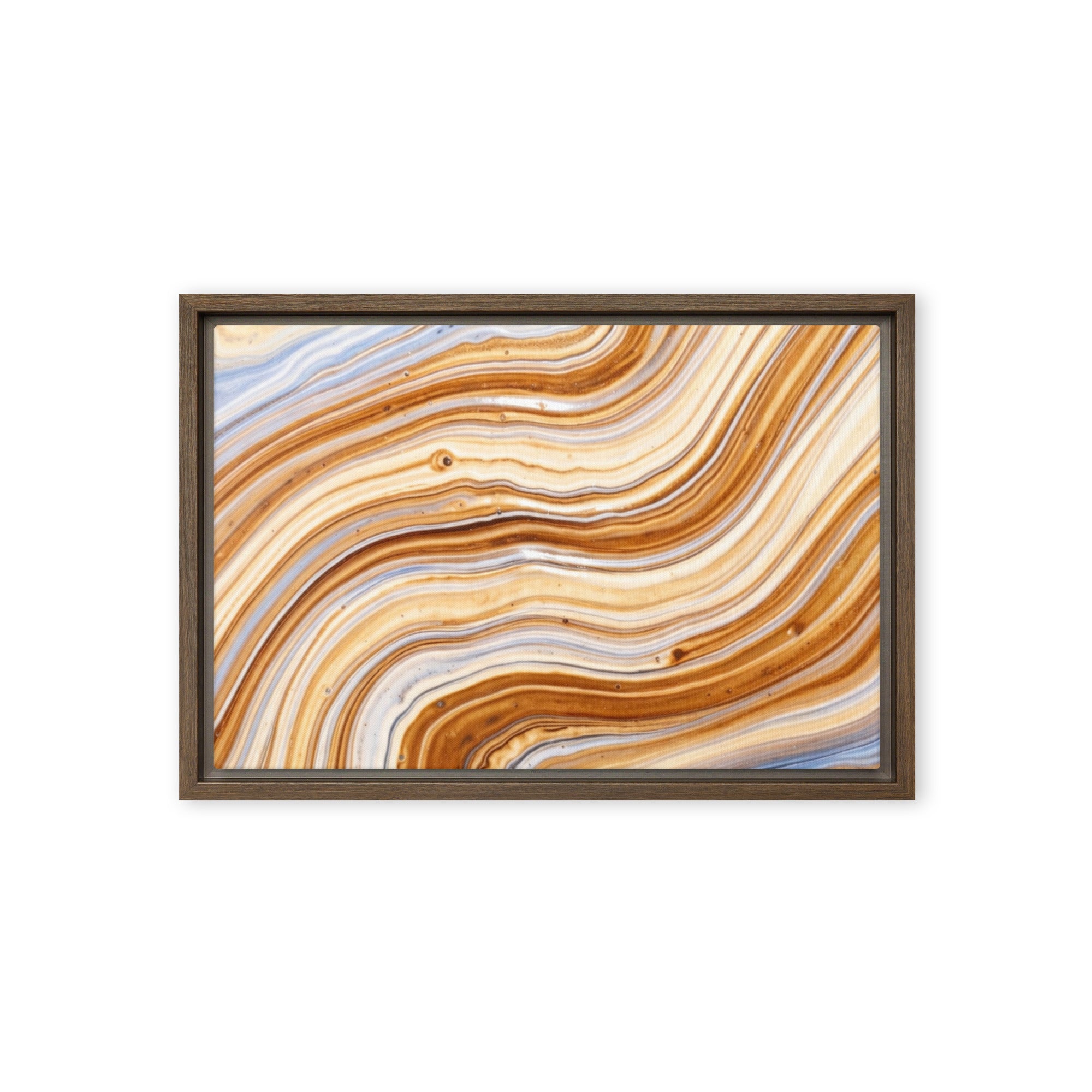 Dune framed canvas print with product details shown in brown frame, 12 x 16 inch universal size