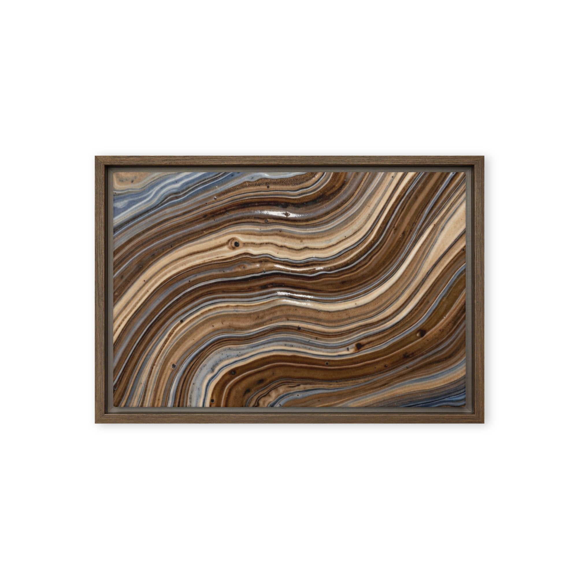 Dunes framed canvas print with product details shown in brown frame, 12 x 16 inch universal size