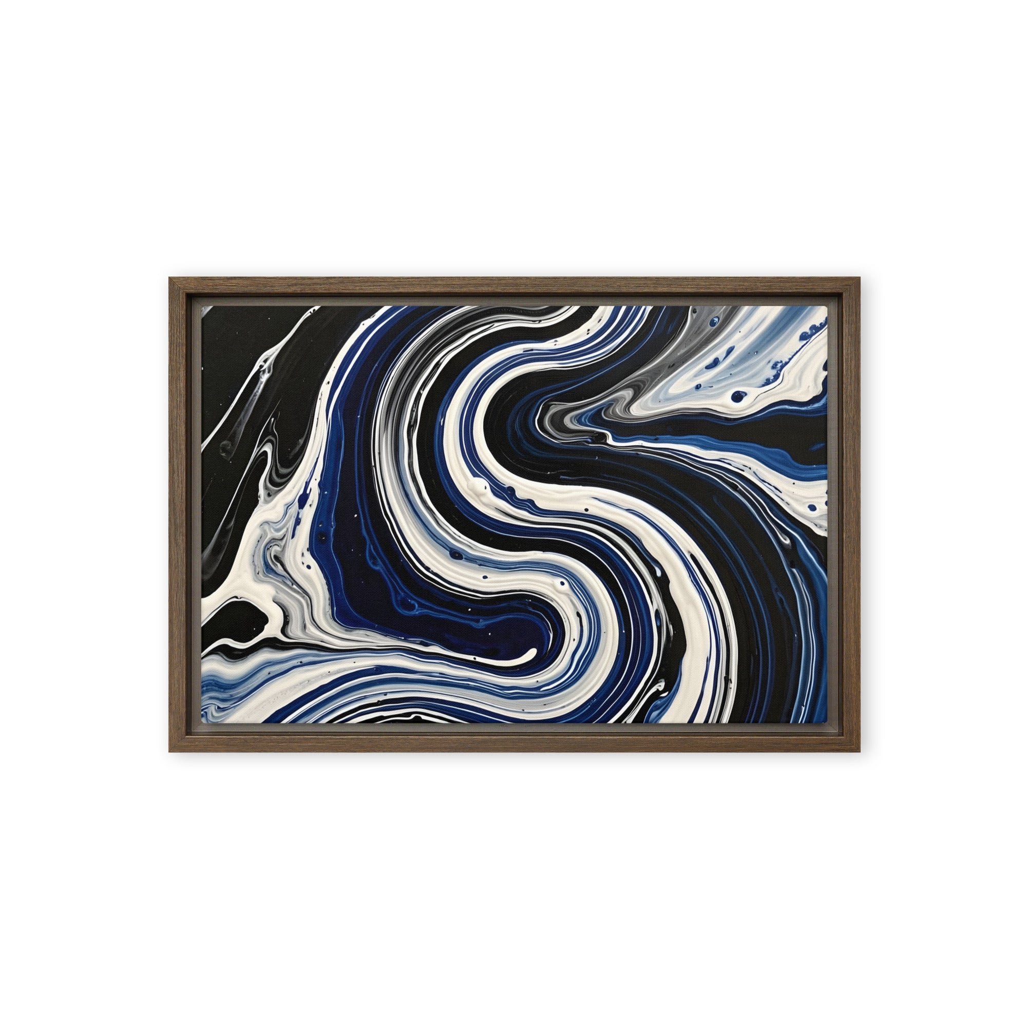 Midnight Surge framed canvas print with product details shown in brown frame, 12 x 16 inch universal size