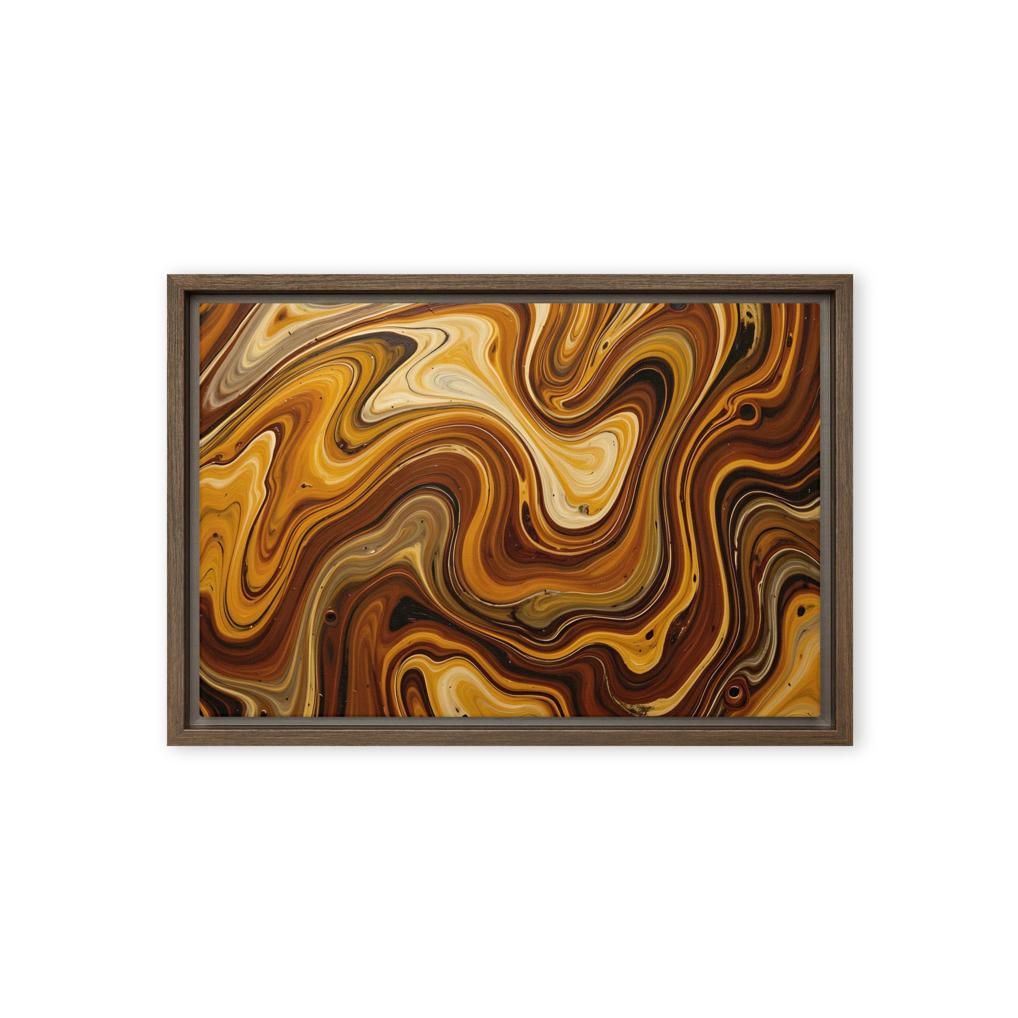 Molten Earth framed canvas print with product details shown in brown frame, 12 x 16 inch universal size