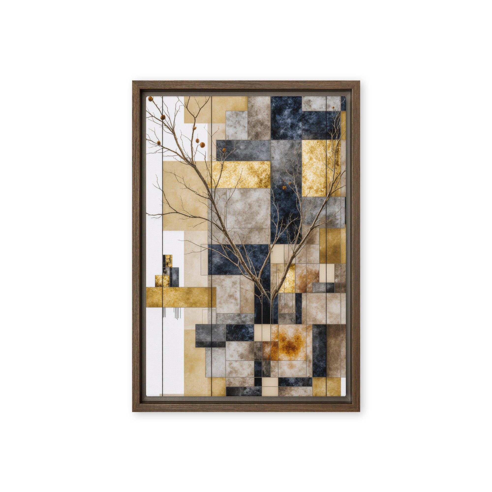 Solari framed canvas print with product details shown in brown frame, 12 x 16 inch universal size