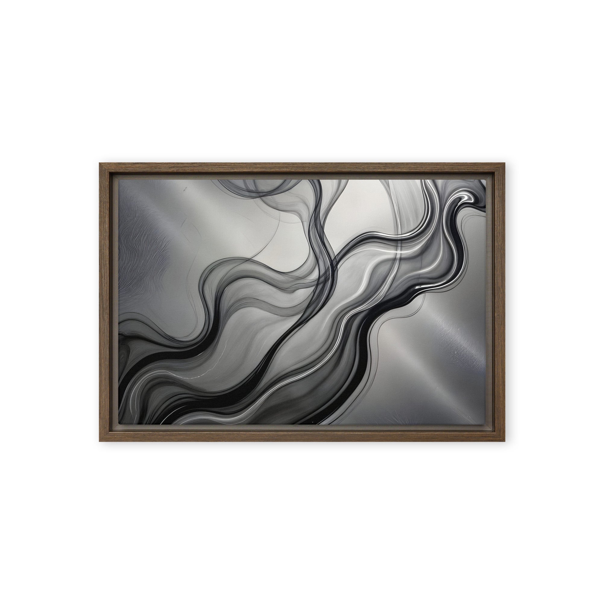 Smoke framed canvas print with product details shown in brown frame, 12 x 16 inch universal size