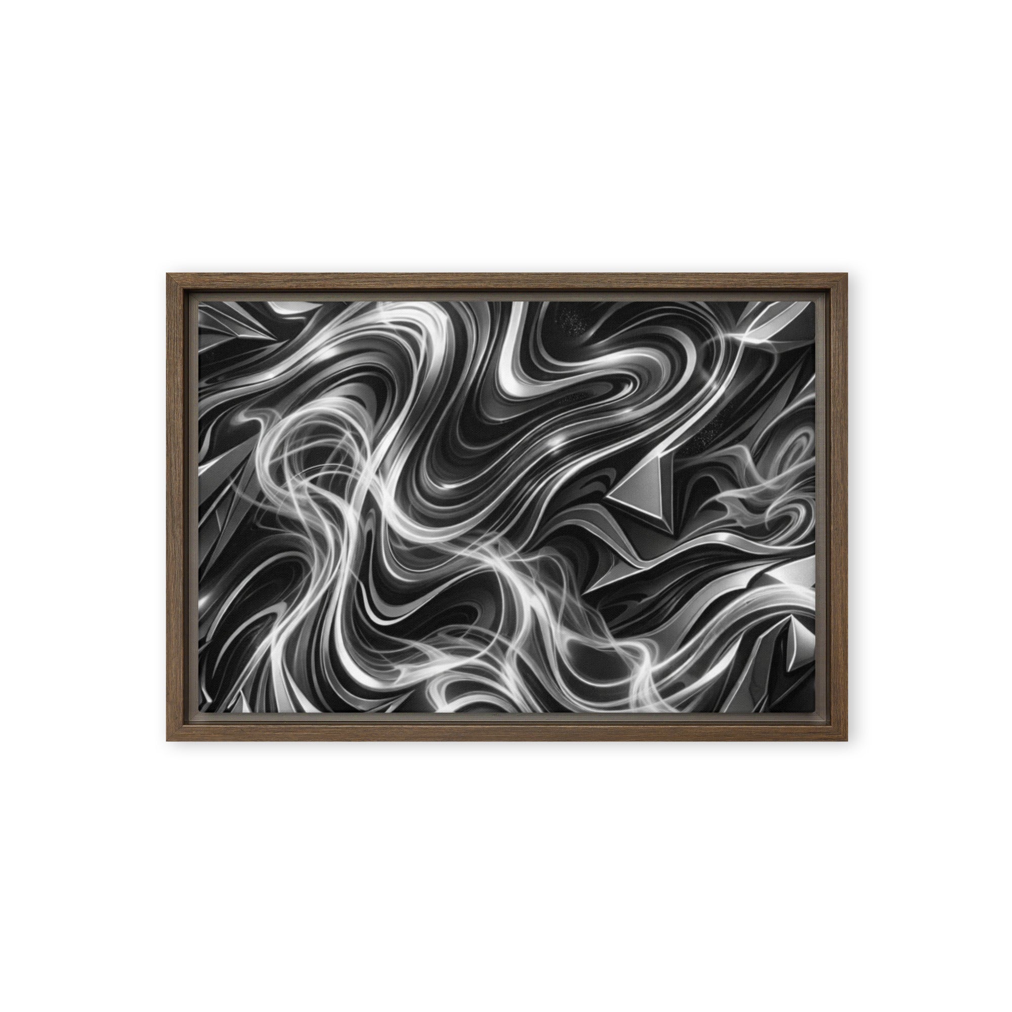 Edge framed canvas print with product details shown in brown frame, 12 x 16 inch universal size
