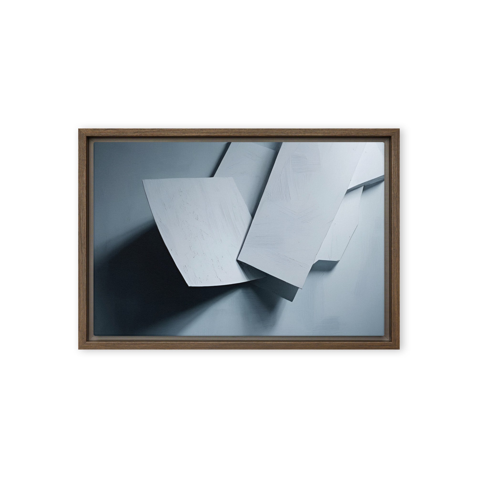 Silhouette framed canvas print with product details shown in brown frame, 12 x 16 inch universal size