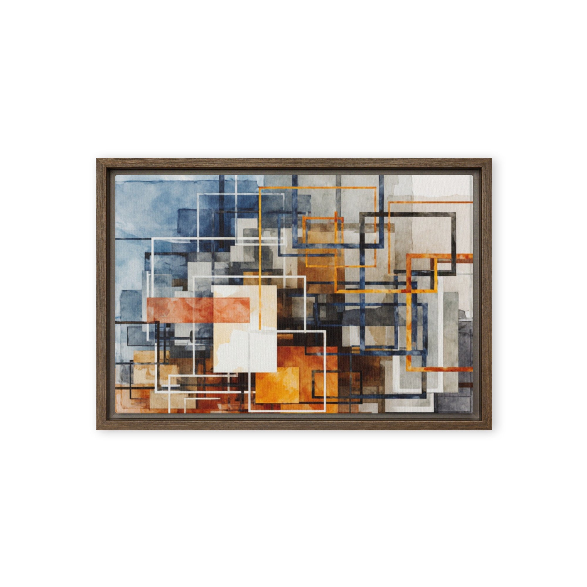Stratum framed canvas print with product details shown in brown frame, 12 x 16 inch universal size