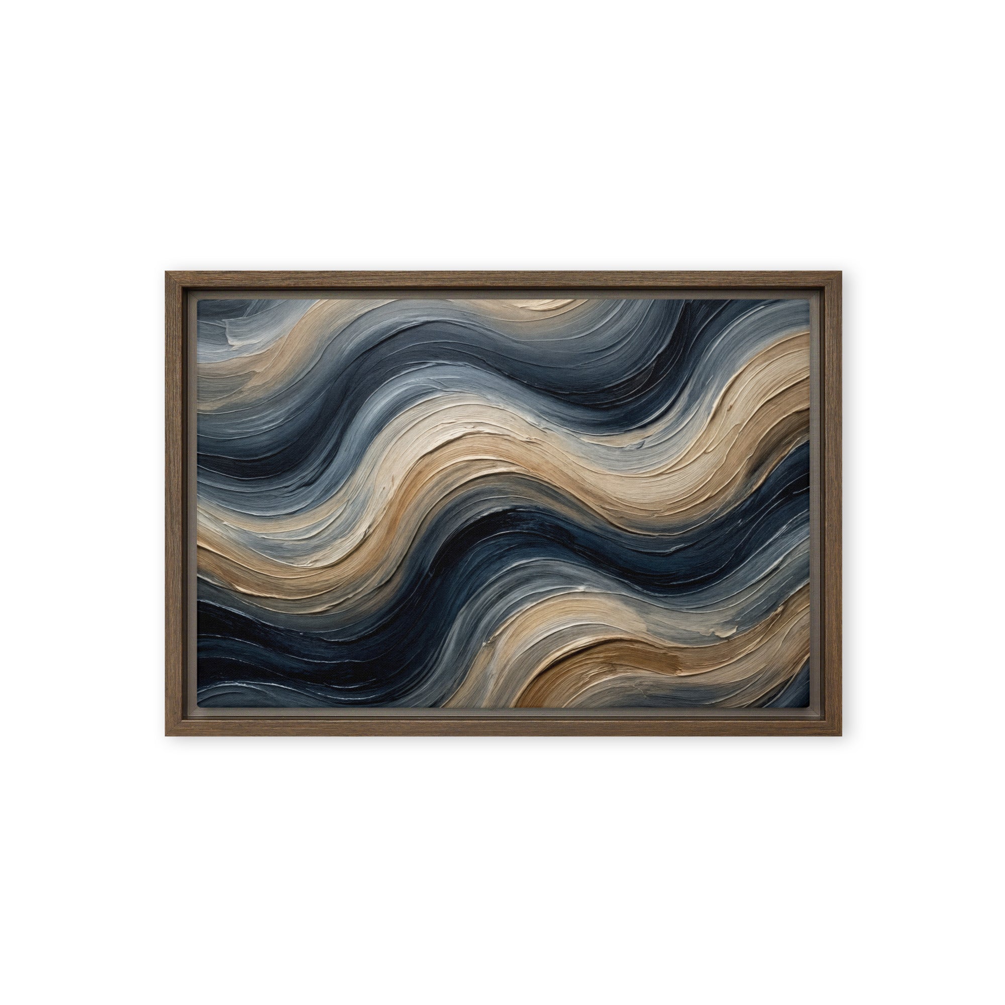 Conform framed canvas print with product details shown in brown frame, 12 x 16 inch universal size
