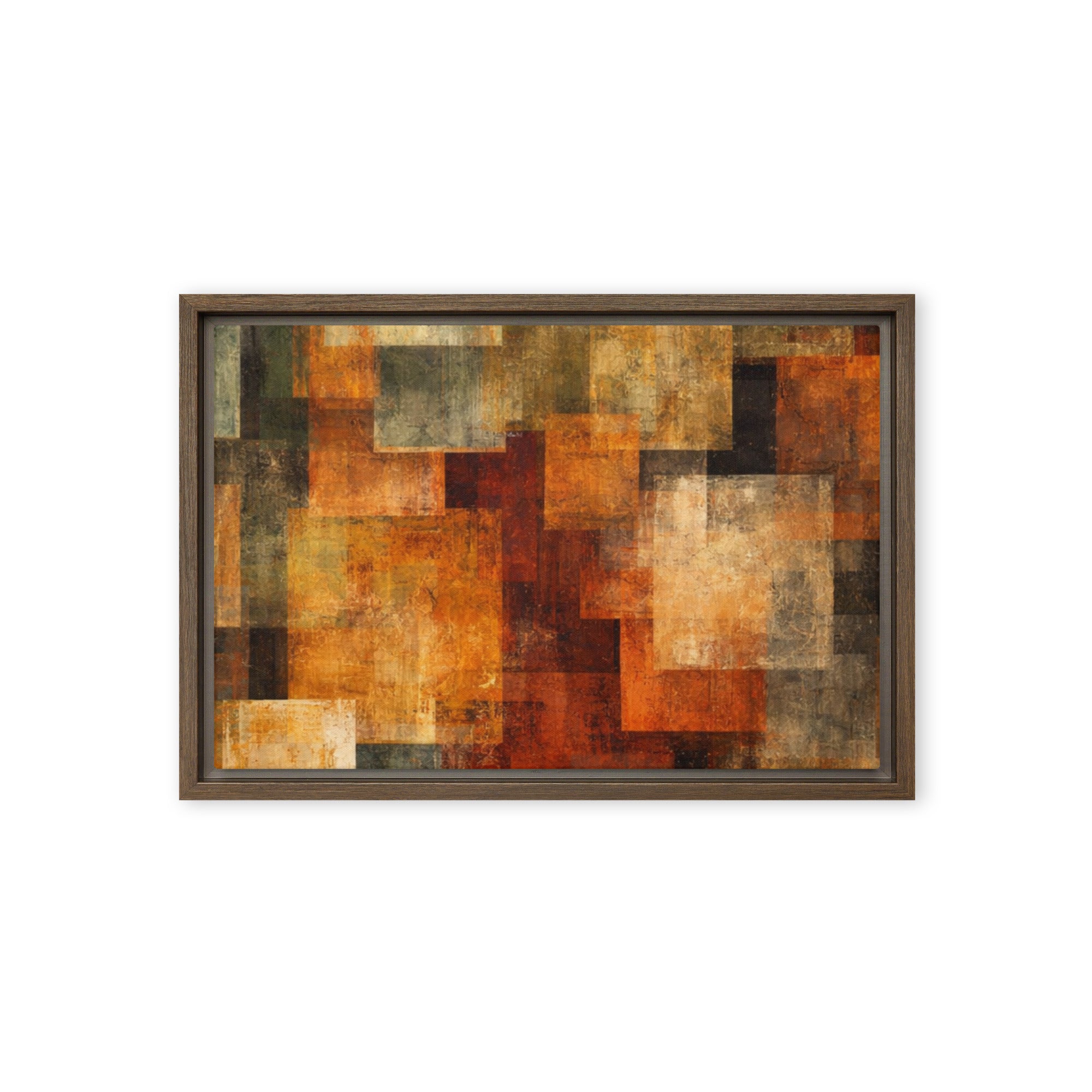 Harvest framed canvas print with product details shown in brown frame, 12 x 16 inch universal size