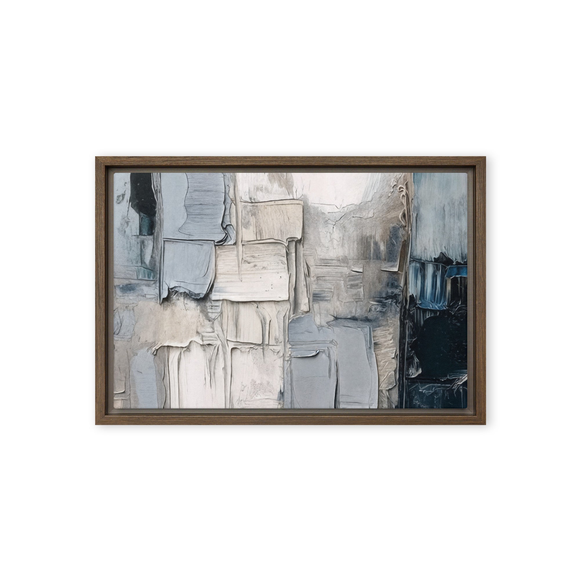 Haze framed canvas print with product details shown in brown frame, 12 x 16 inch universal size