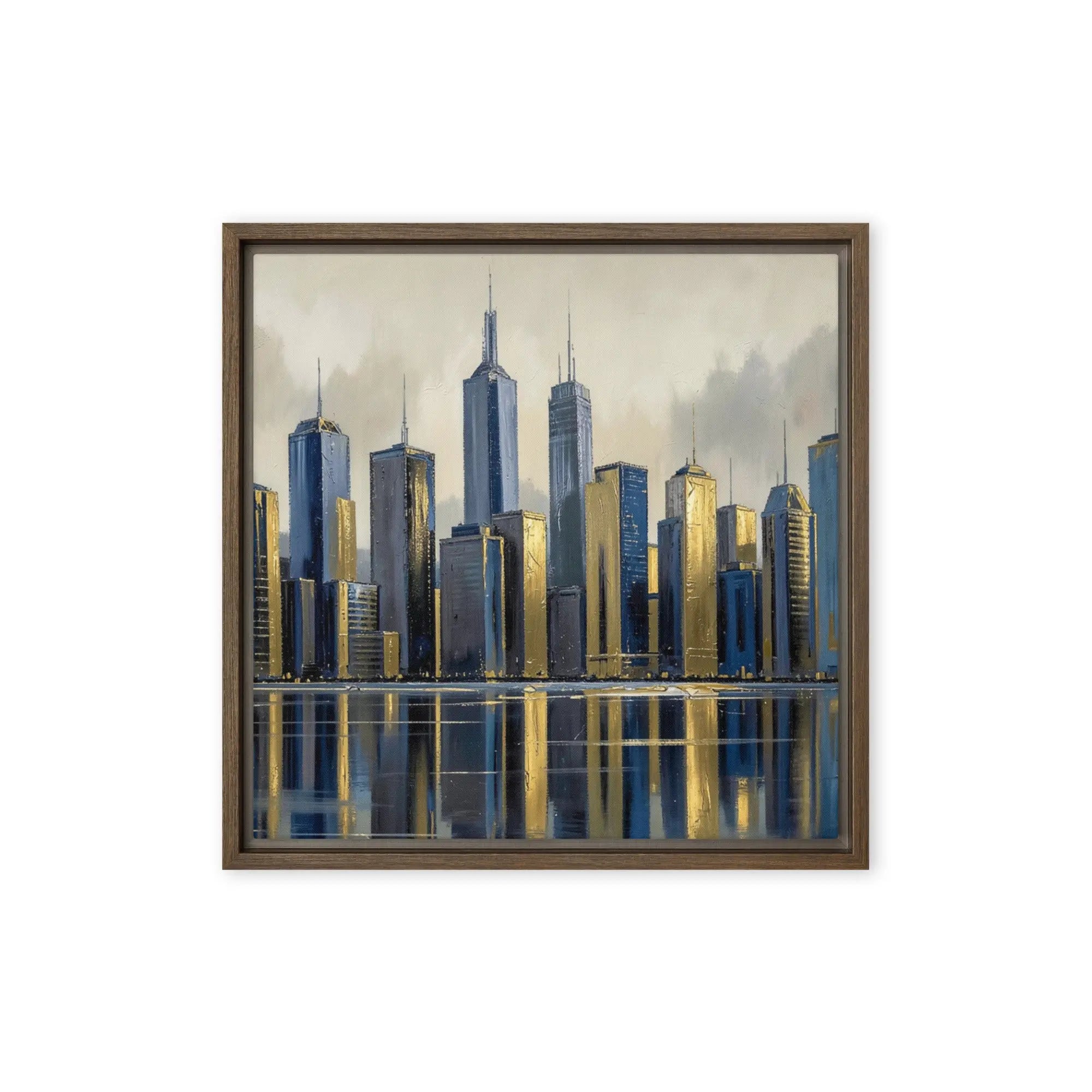 Lumina framed canvas skyline with product details shown in brown frame, 12 x 16 inch universal size