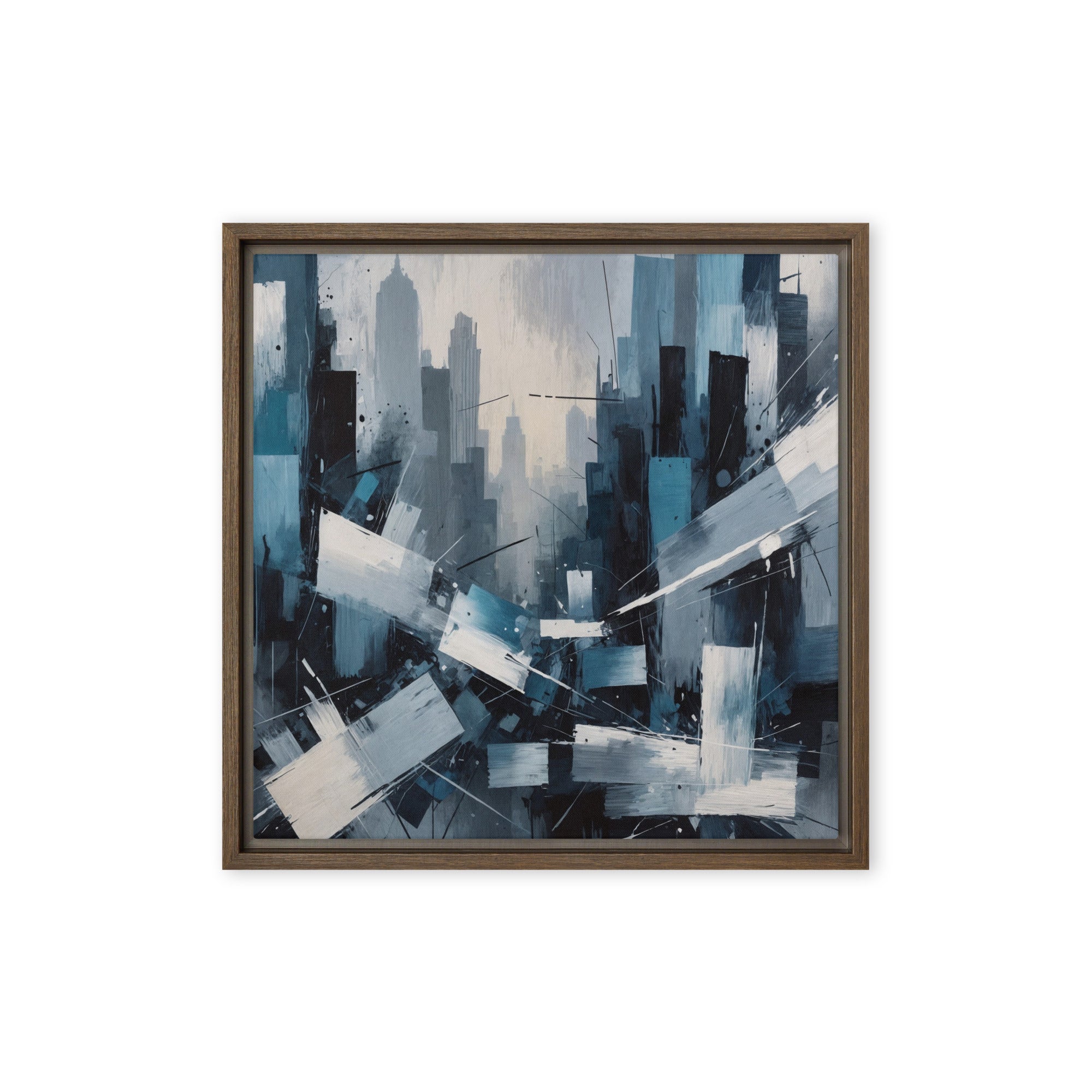 Zephyr framed canvas skyline product mockup in brown frame, 18 x 24 inch large size