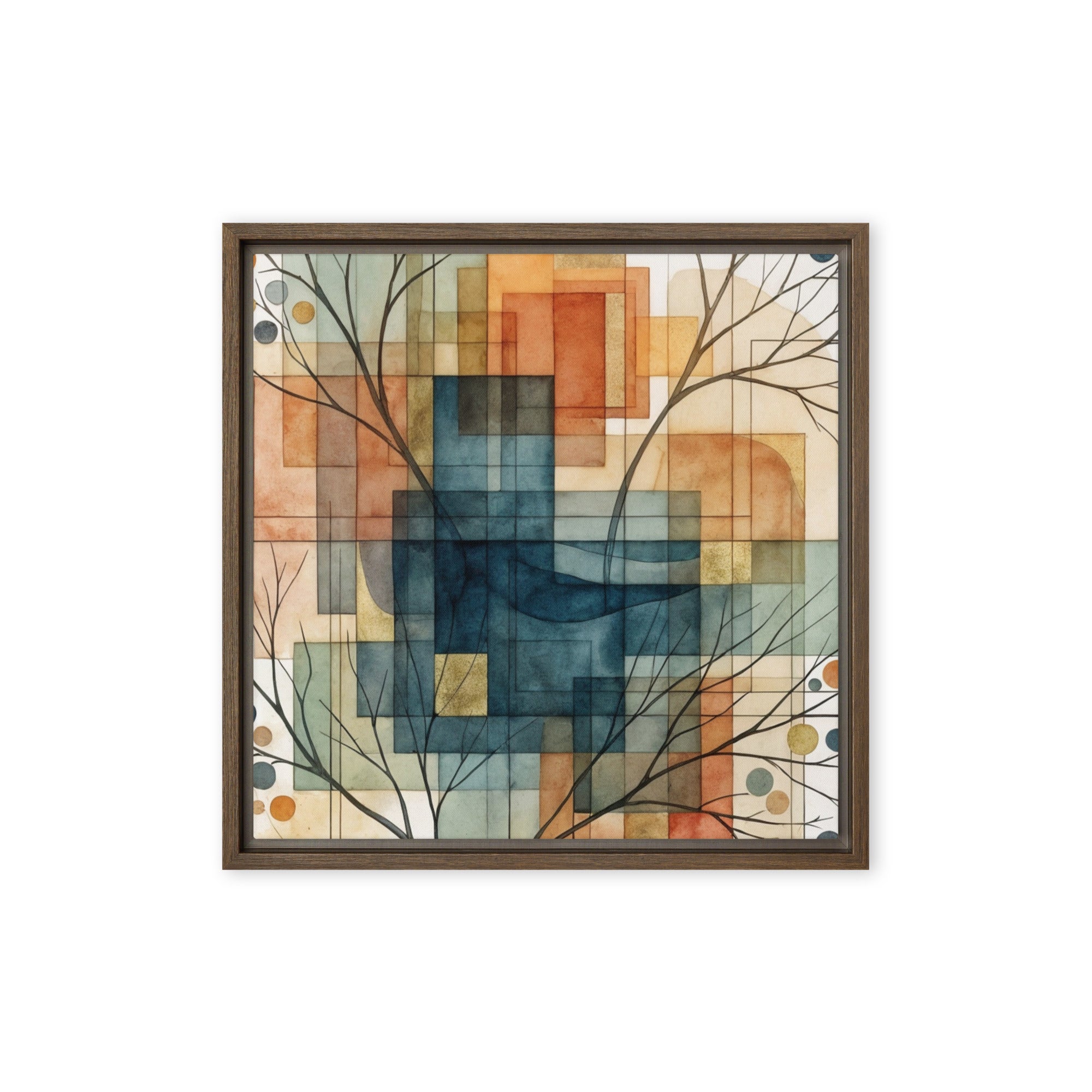 Always framed canvas urban shown in front view in brown frame, 11 x 14 inch universal size
