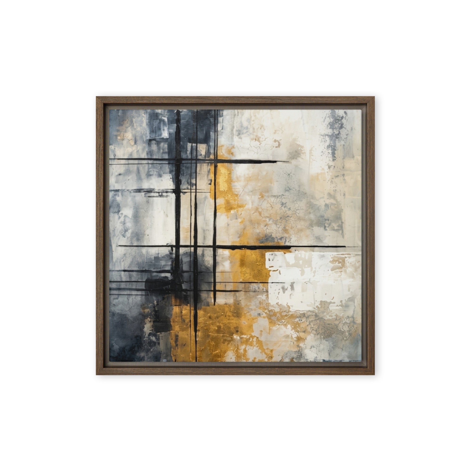 Elite framed canvas print with product details shown in brown frame, 16 x 16 inch universal size