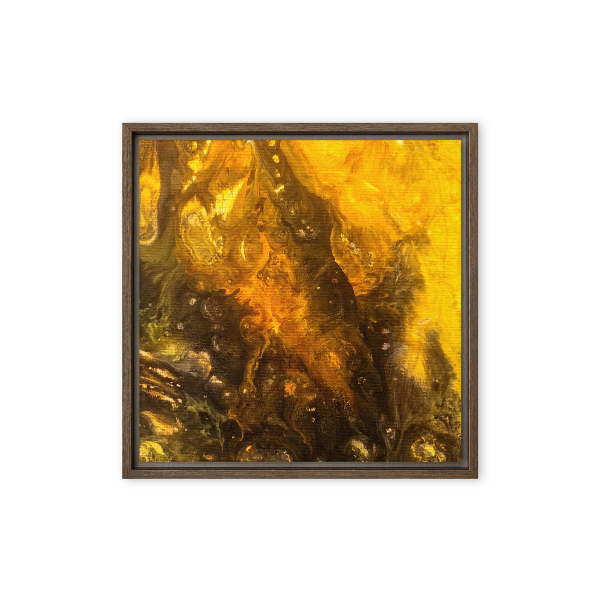Flame framed canvas print product image in brown frame, 16 x 16 inch universal size