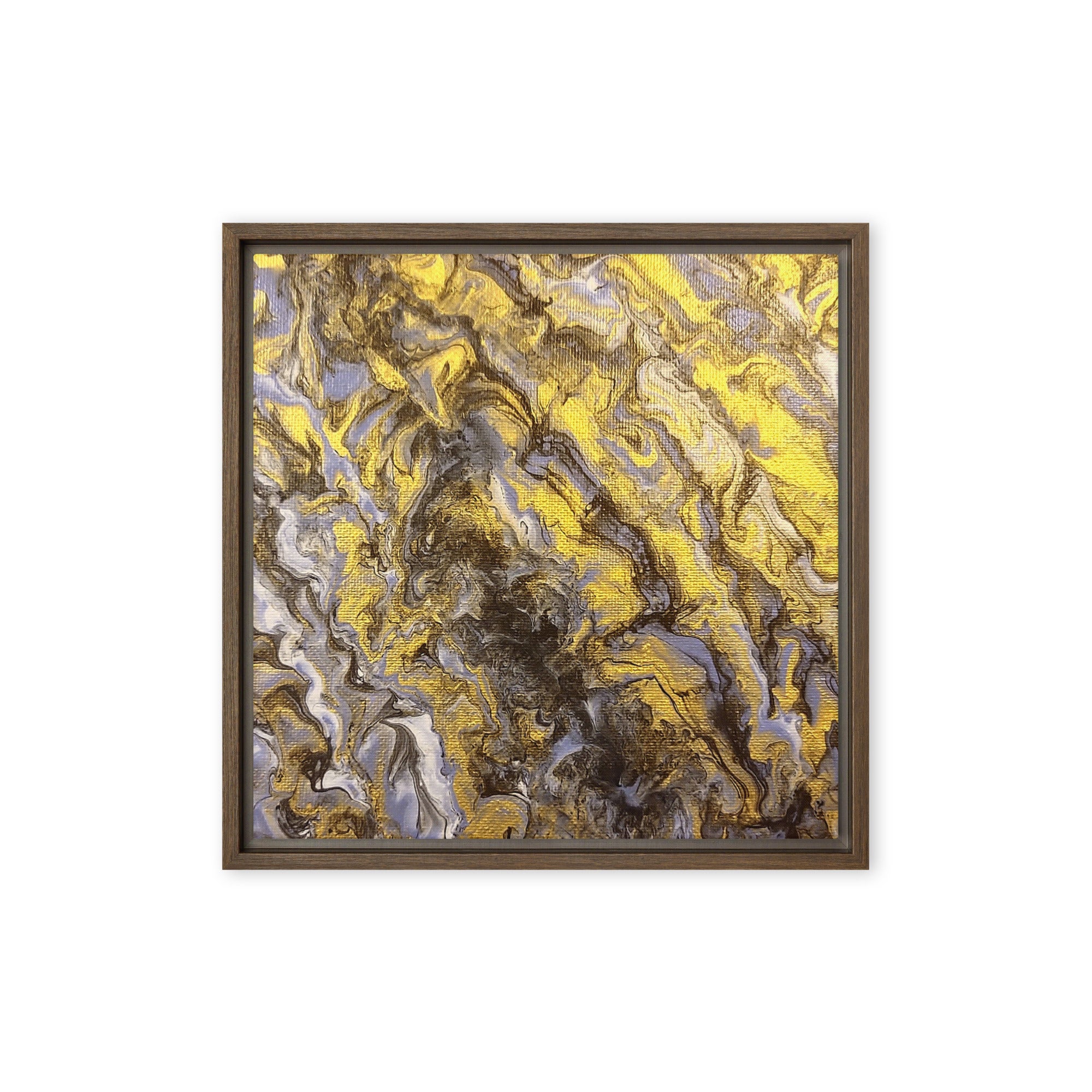 Gold Wave framed canvas print with product details shown in brown frame, 16 x 16 inch universal size