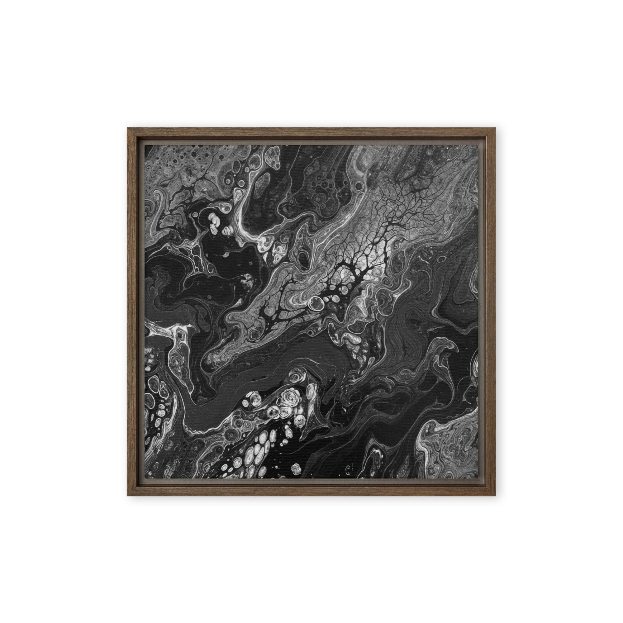 Dark Matter framed canvas print shown in front view in brown frame, 16 x 20 inch universal size