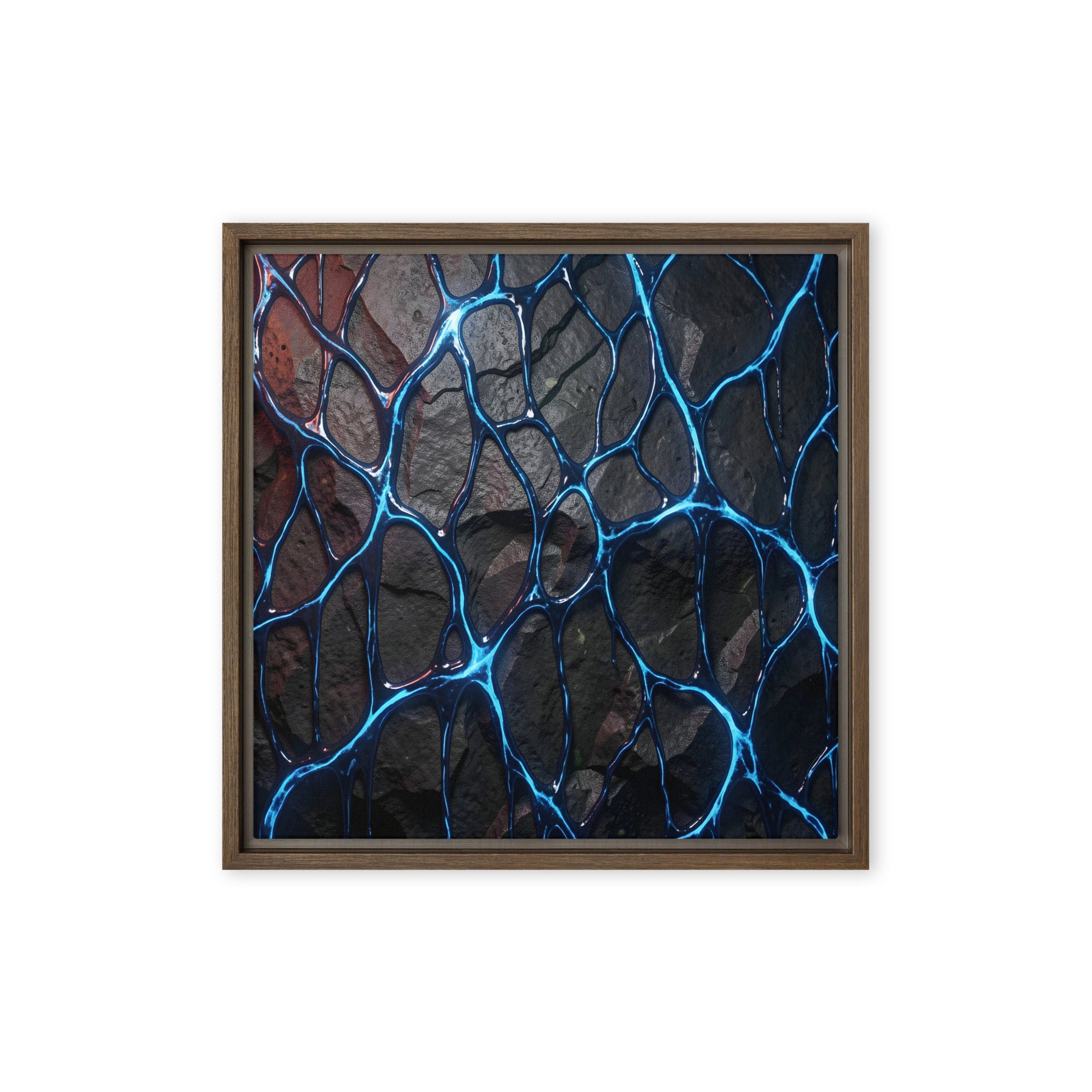 Magmatic framed canvas print shown in front view in brown frame, 16 x 20 inch universal size